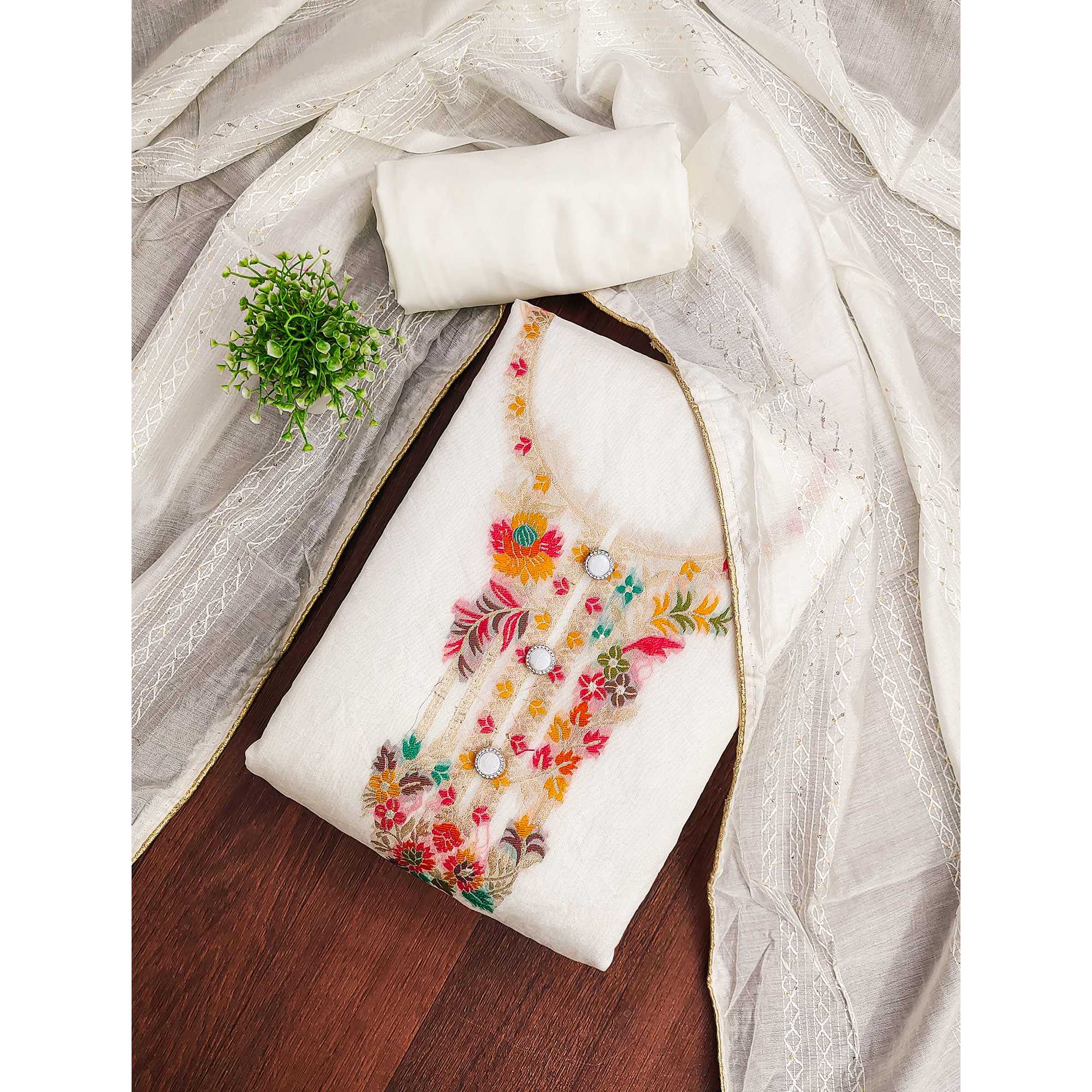 White Banarasi Silk Dress Material With Classic Zari Design