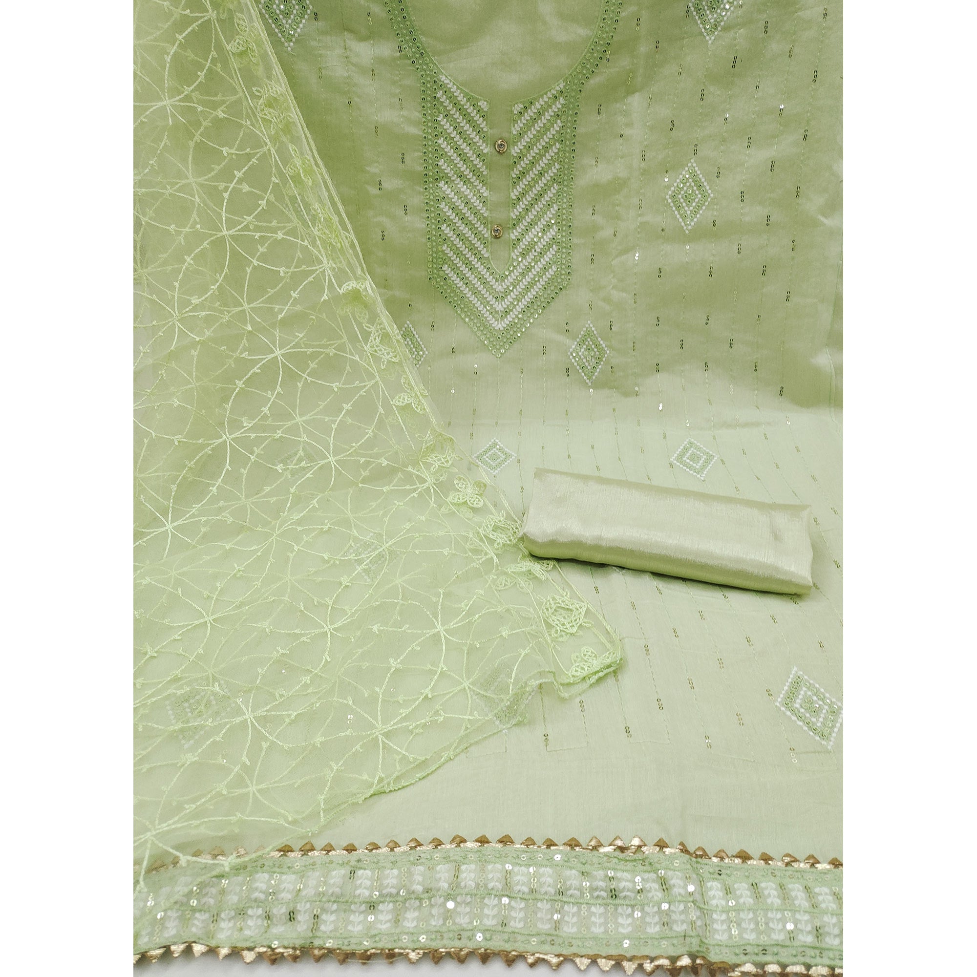 Shimmering Green Sequins Embroidered Chander Cotton Suit Material