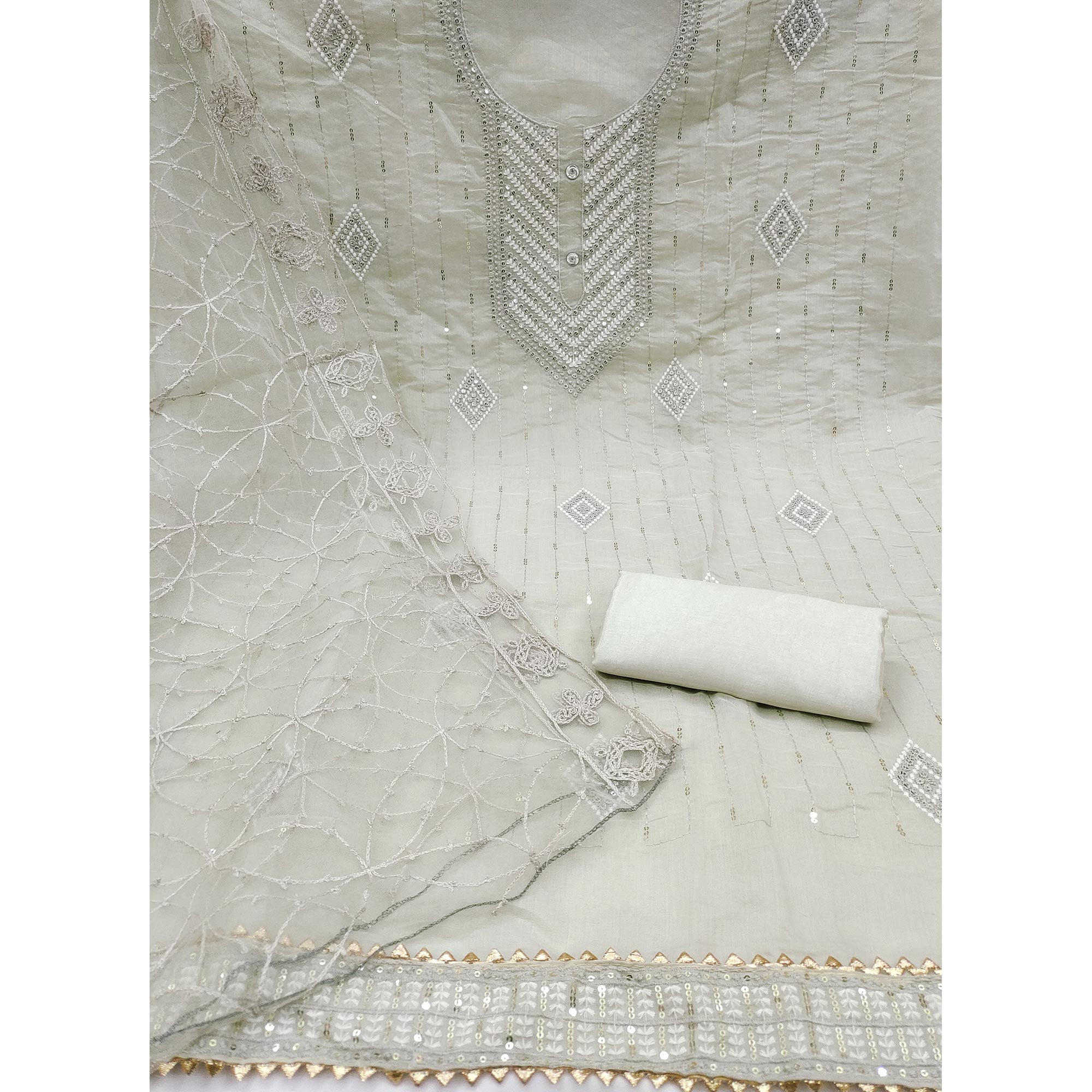 Shimmering Grey Sequins Embroidered Chander Cotton Suit Material