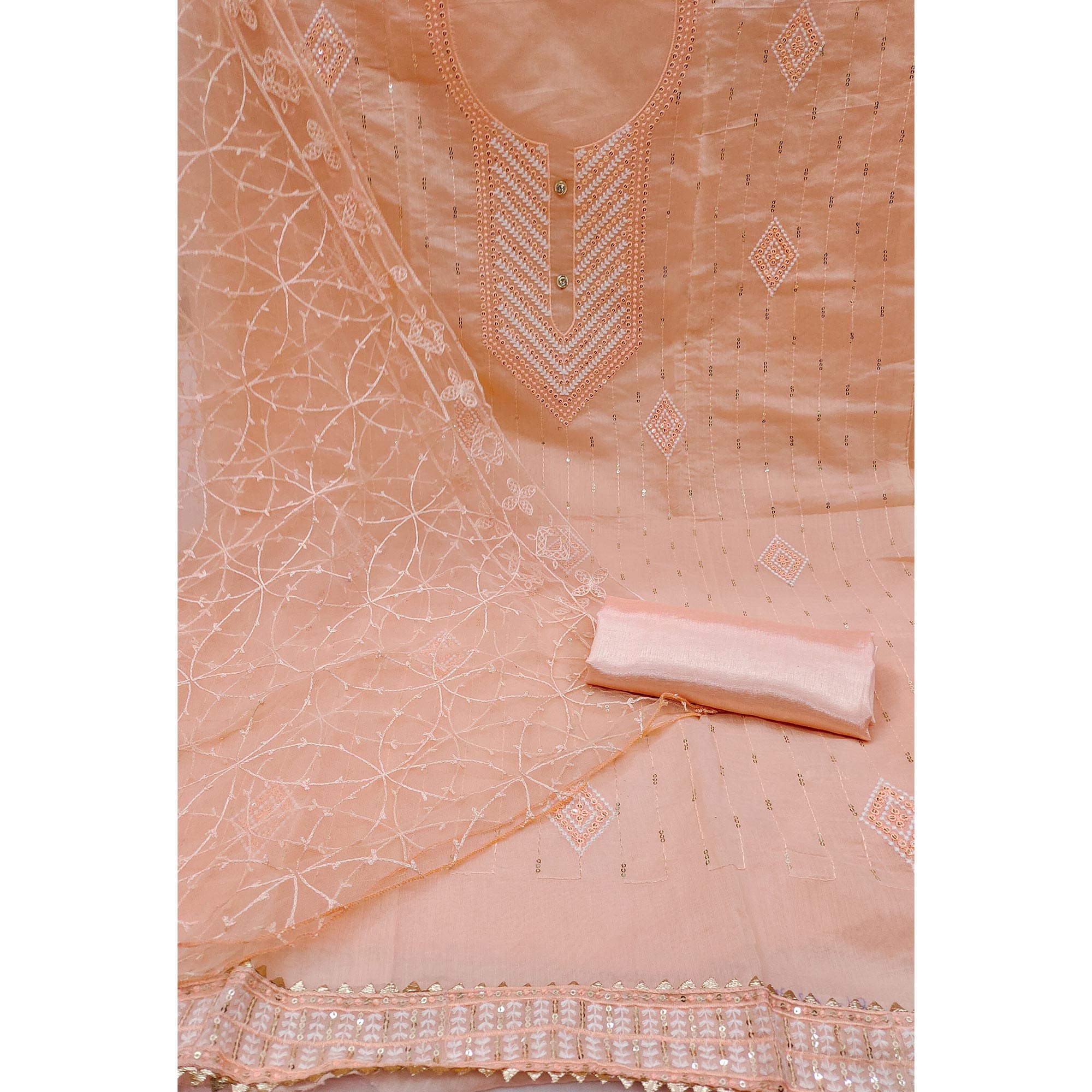 Shimmering Peach Sequins Embroidered Chander Cotton Suit Material