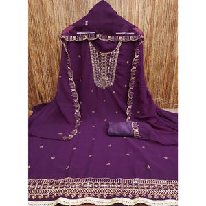 Wine Georgette Dress Material Featuring Floral Sequins Embroidery