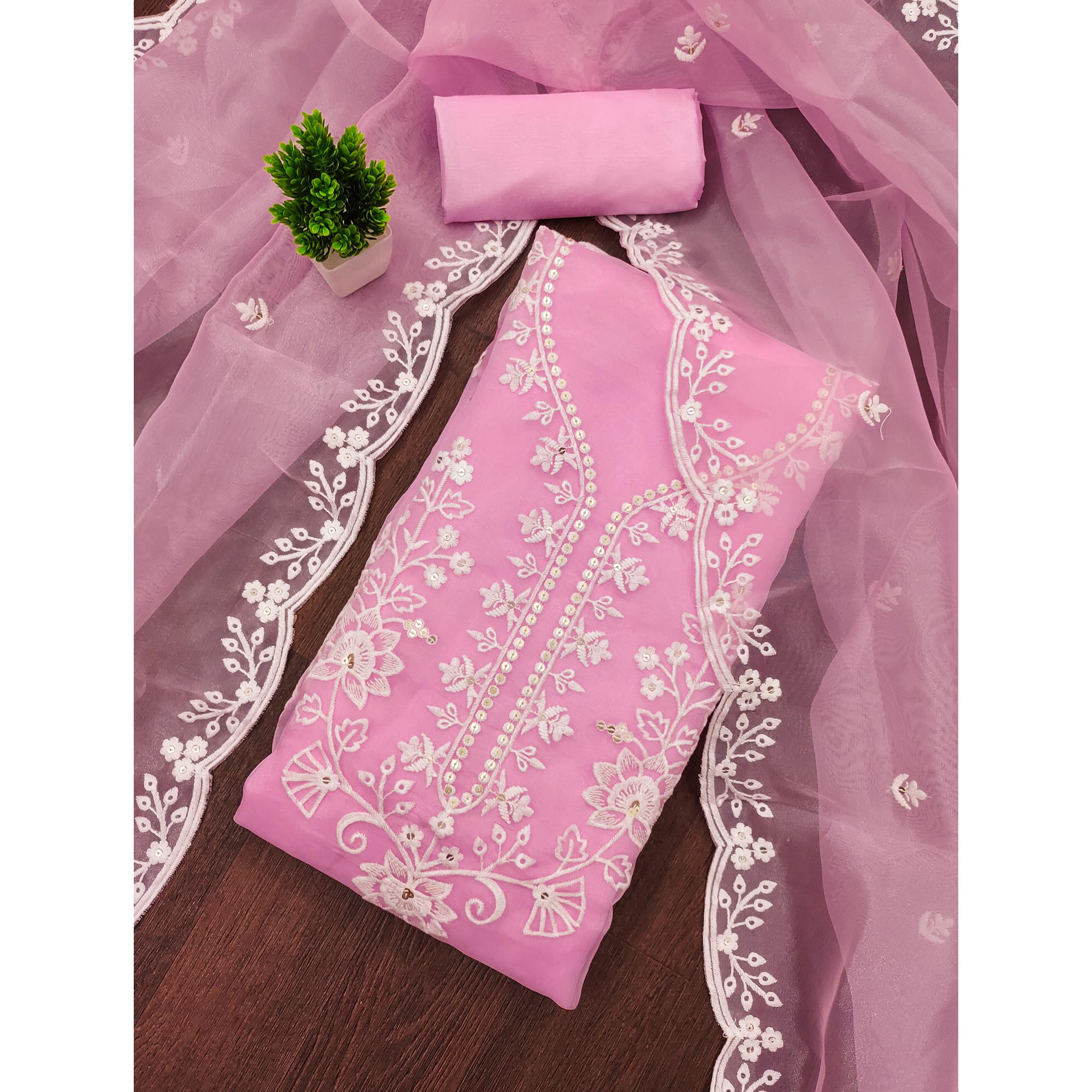 Baby Pink Floral Embroidered Work Dress Material With Shimmering Sequin Detailing