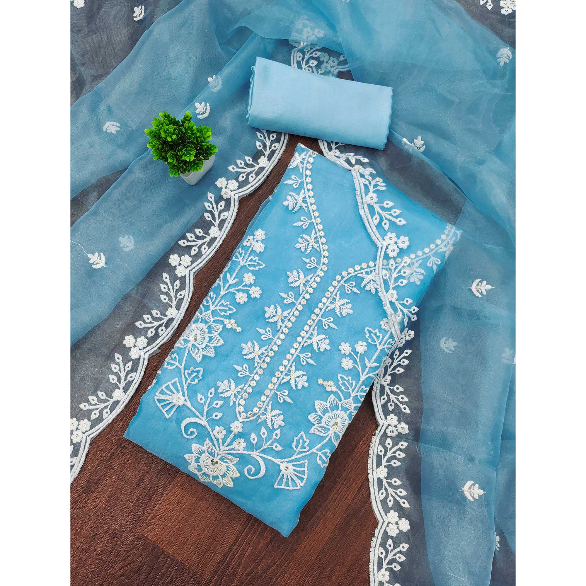 Blue Floral Embroidered Work Dress Material With Shimmering Sequin Detailing