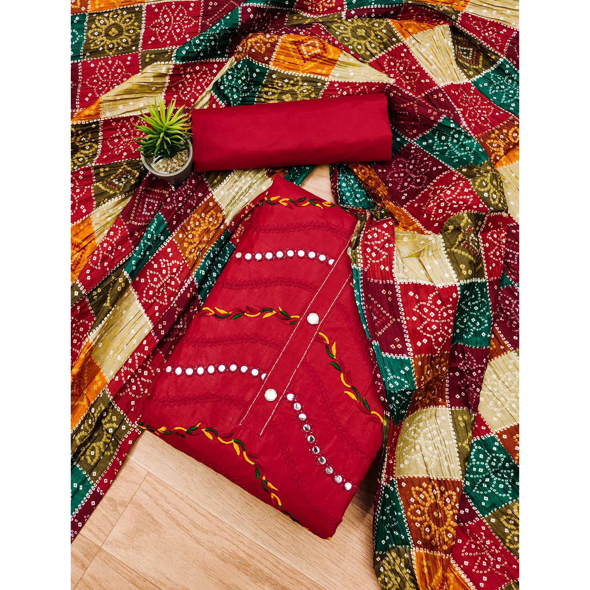 Red Cotton Blend Dress Material With Intricate Thread Embroidery & Paper Mirror Work
