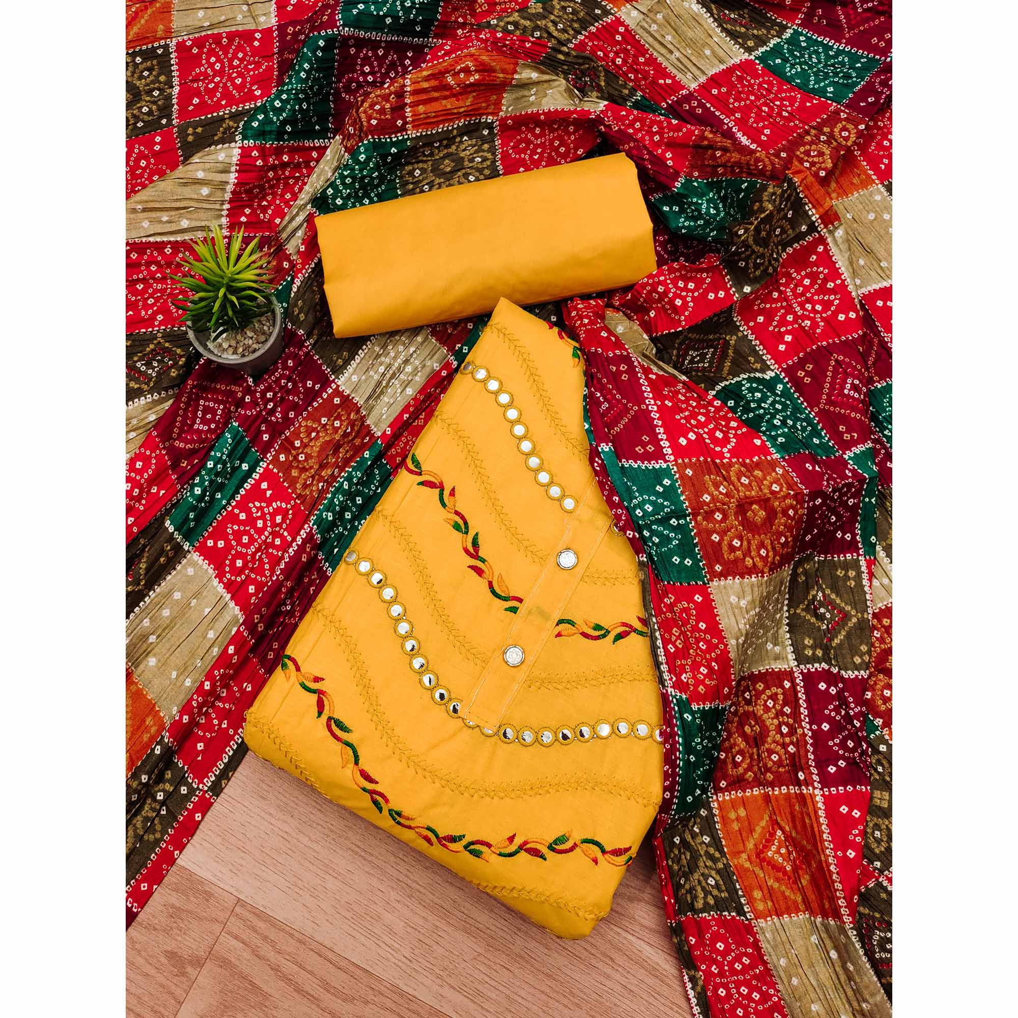 Yellow Cotton Blend Dress Material With Intricate Thread Embroidery & Paper Mirror Work