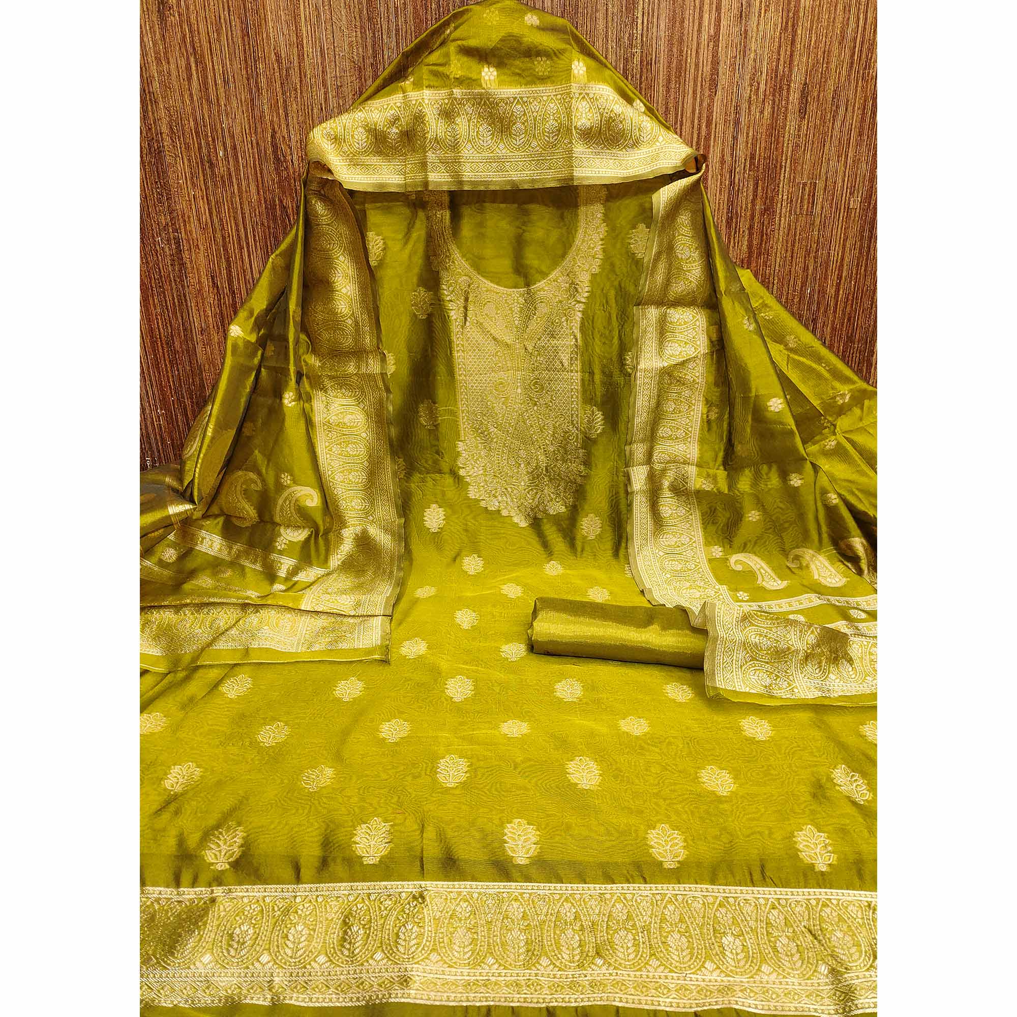 Green Zari Floral Jacquard Weaving on Shimmer Silk Dress Material