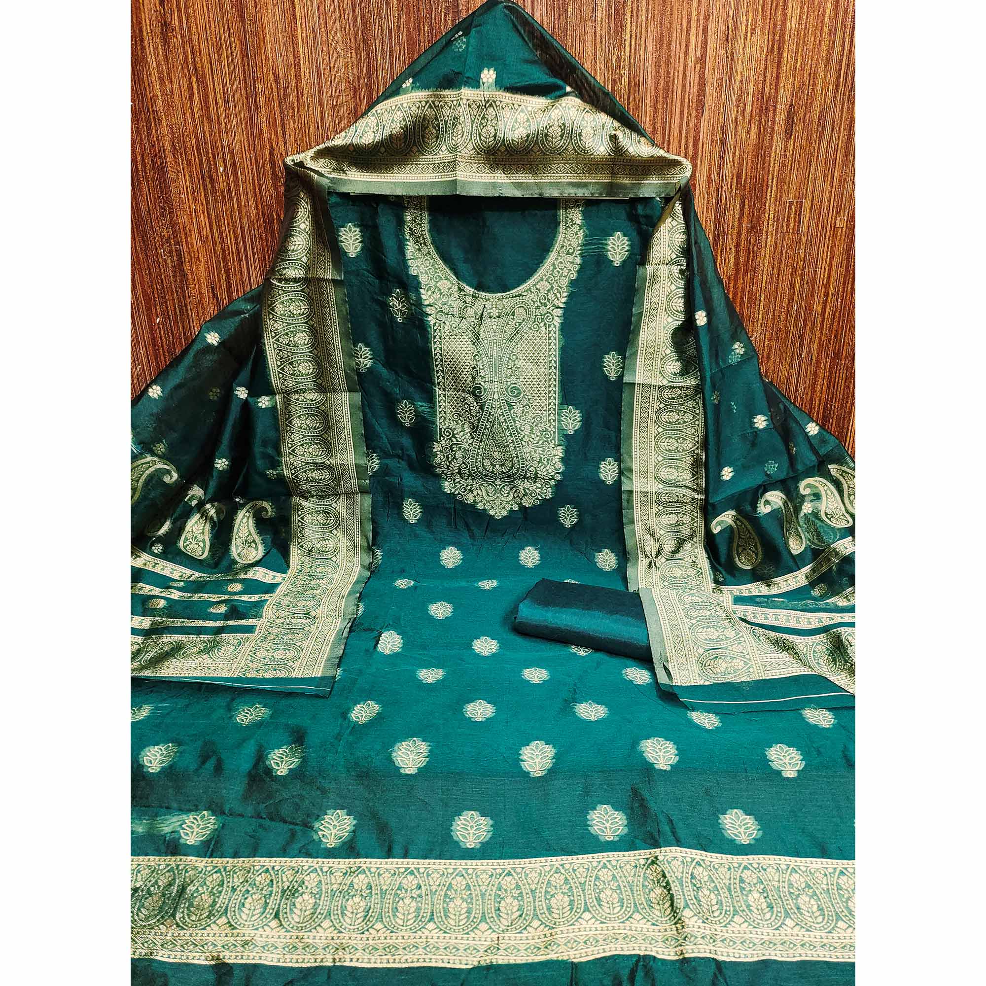 Teal Zari Floral Jacquard Weaving on Shimmer Silk Dress Material