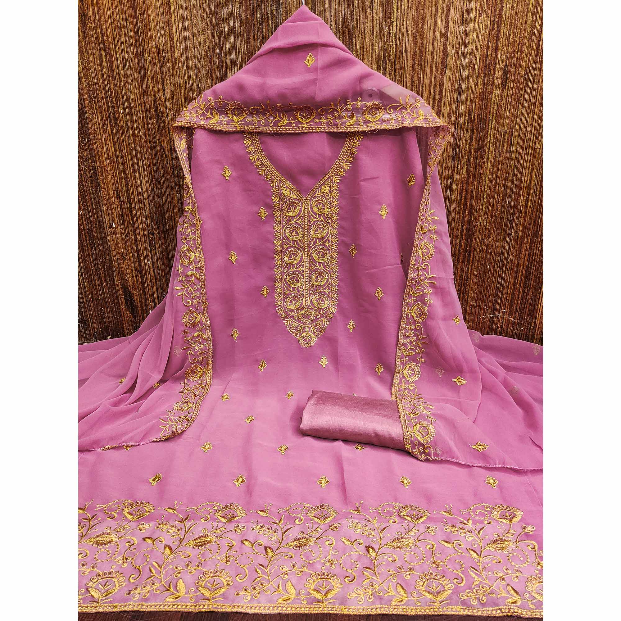 Pink Georgette Dress Material With Intricate Floral Zari Embroidery