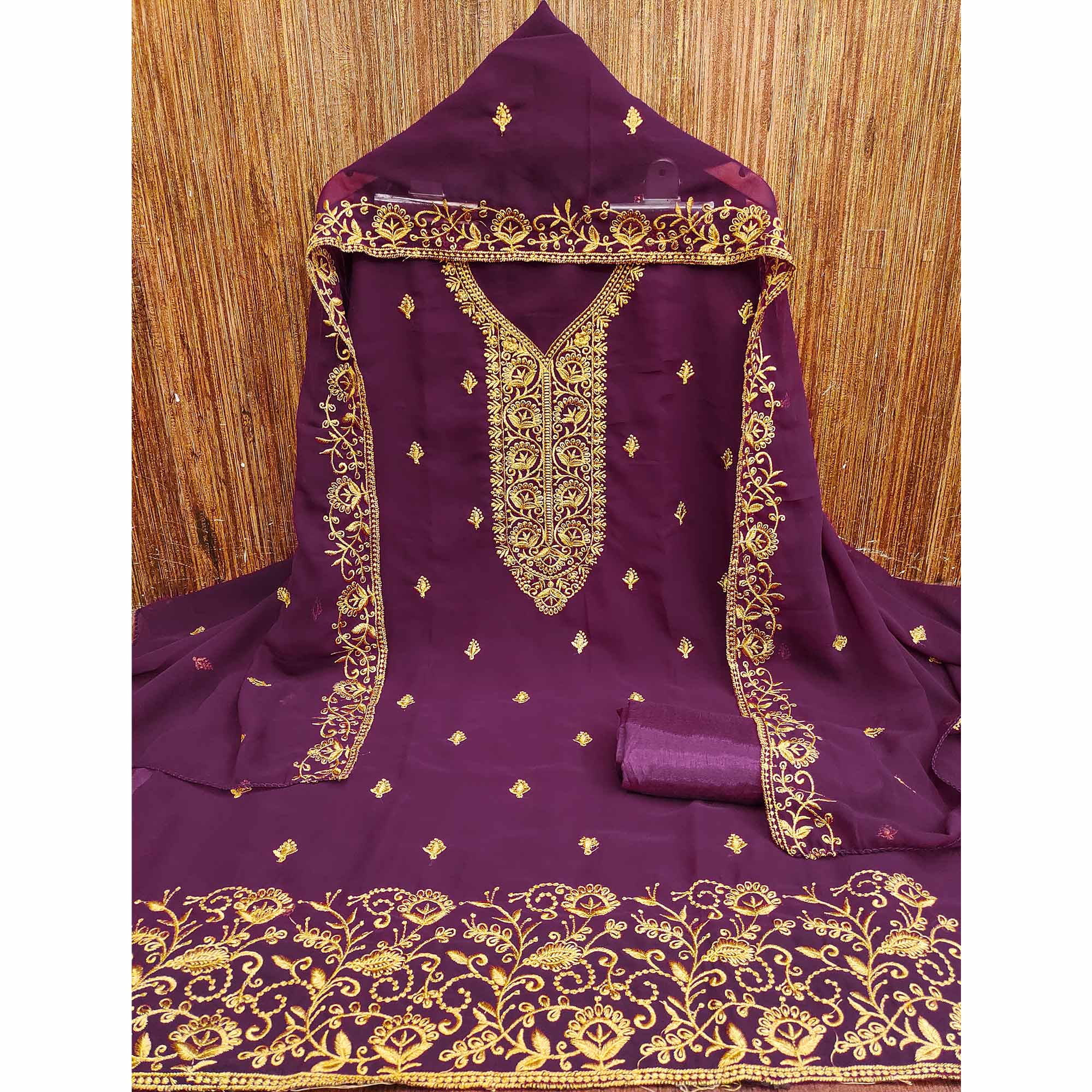 Wine Georgette Dress Material With Intricate Floral Zari Embroidery