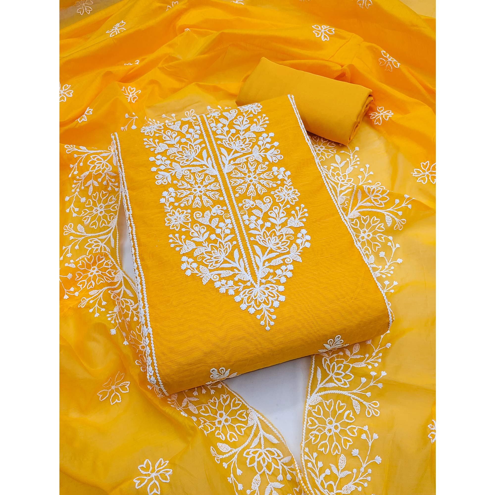 Mustard Floral Embroidered Chanderi Silk Dress Material For Graceful Styling