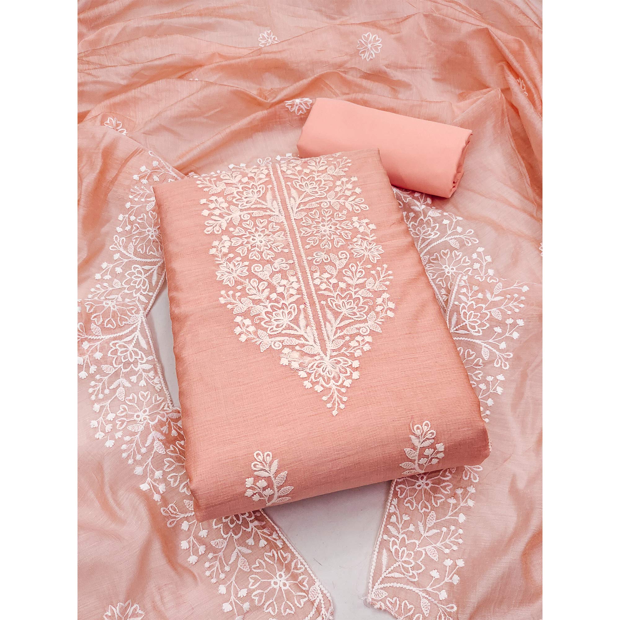 Peach Floral Embroidered Chanderi Silk Dress Material For Graceful Styling