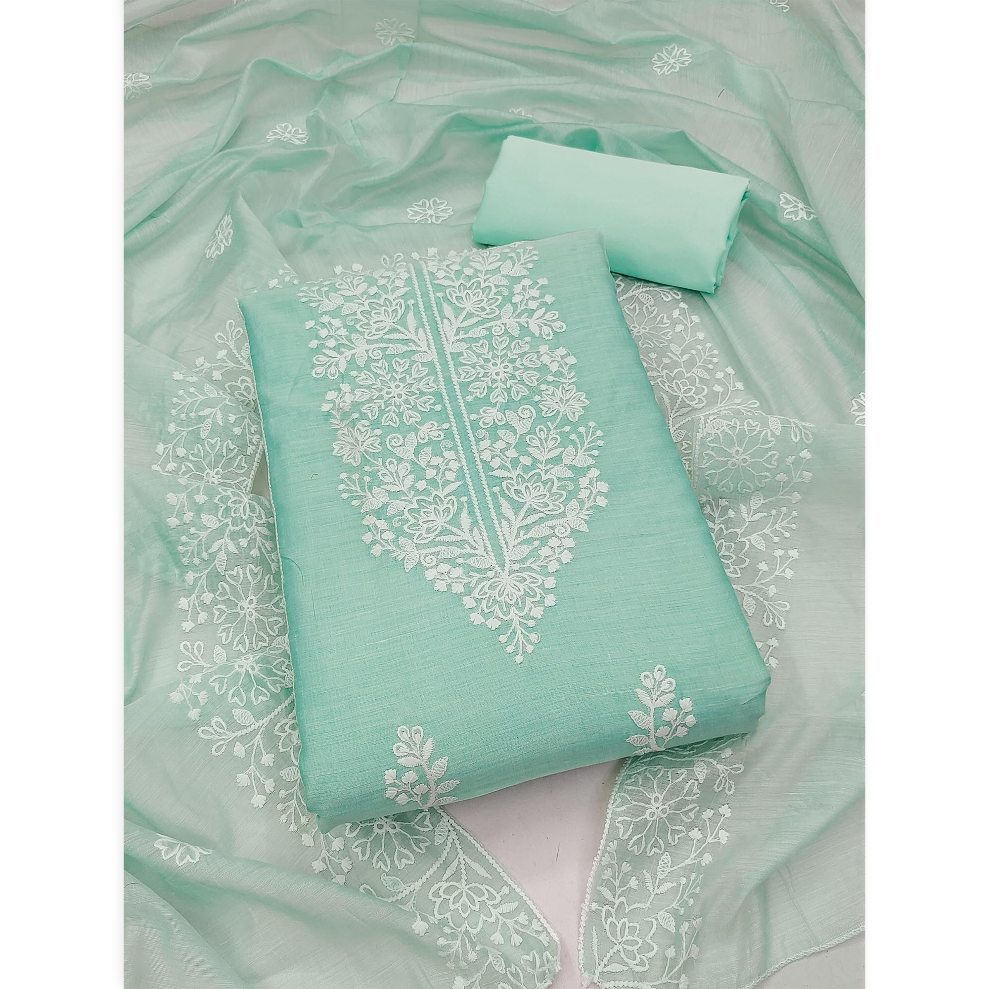 Turquoise Floral Embroidered Chanderi Silk Dress Material For Graceful Styling