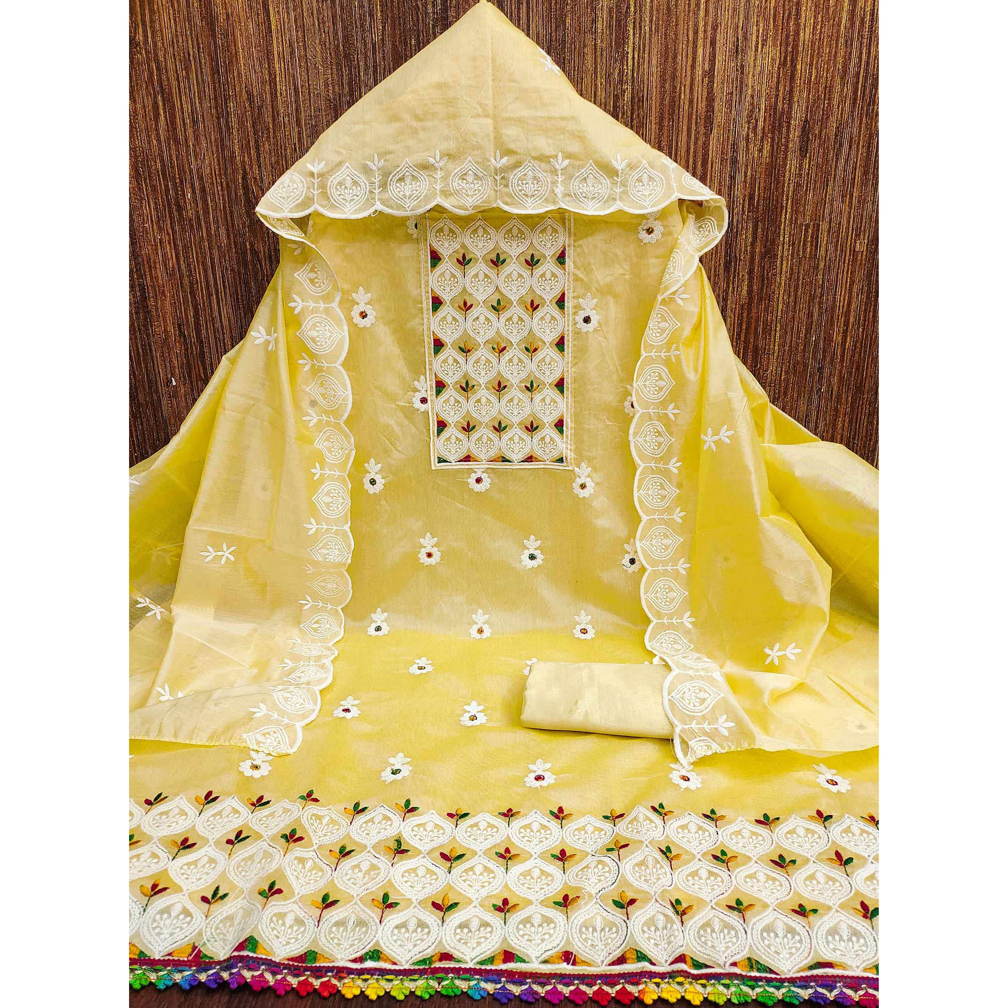 Yellow Chanderi Cotton Suit Material with Graceful Embroidery
