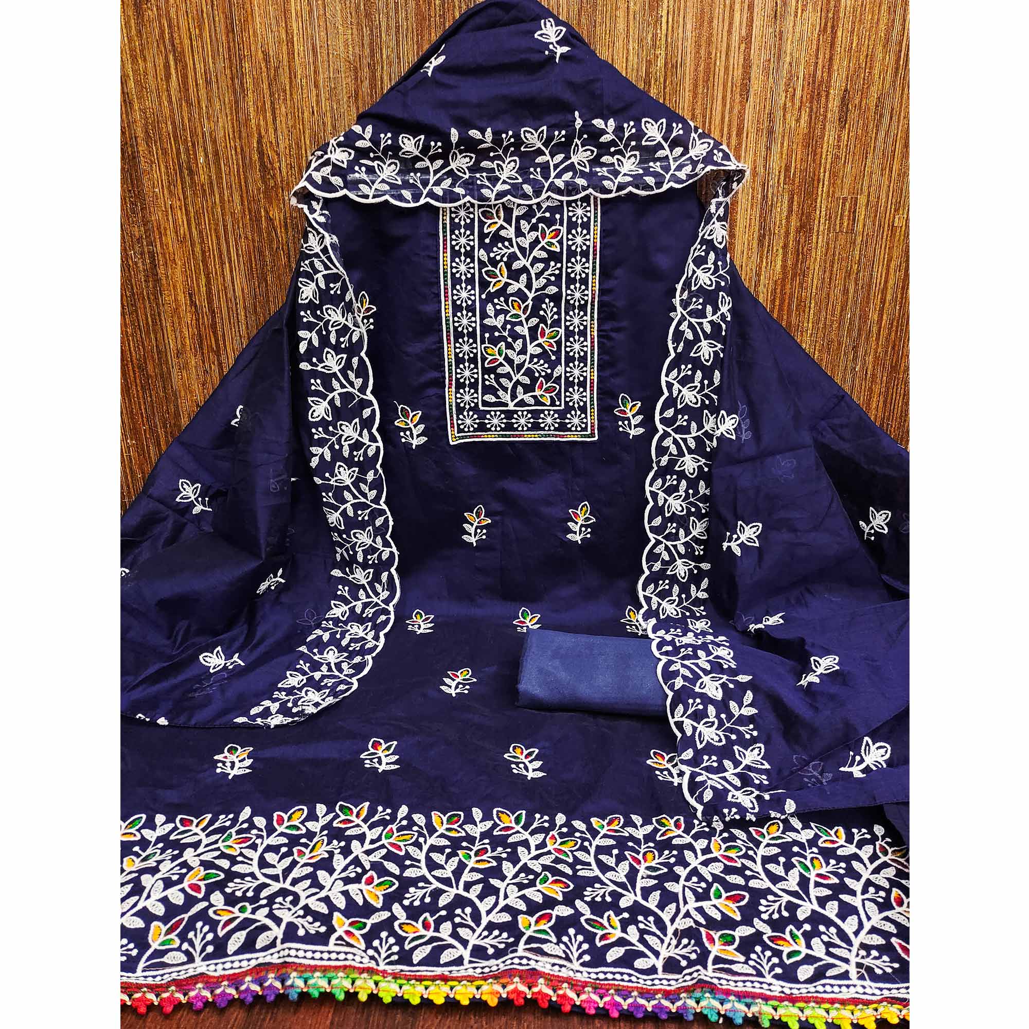 Navy Blue Embroidered Floral Chanderi Cotton Material for Elegant Dressing