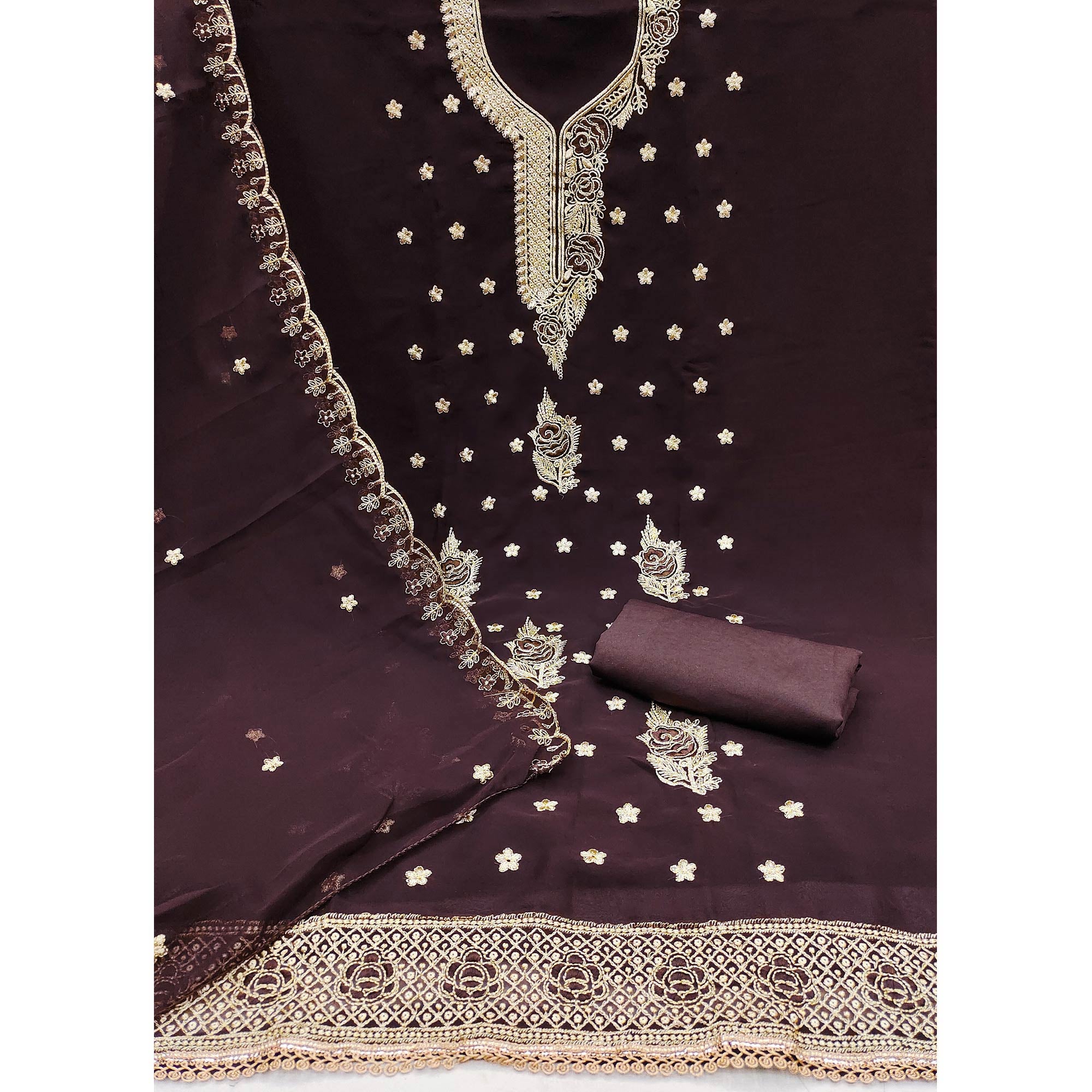 Brown Dress Material Featuring Delicate Floral Thread & Zari Embroidery Work On Georgette
