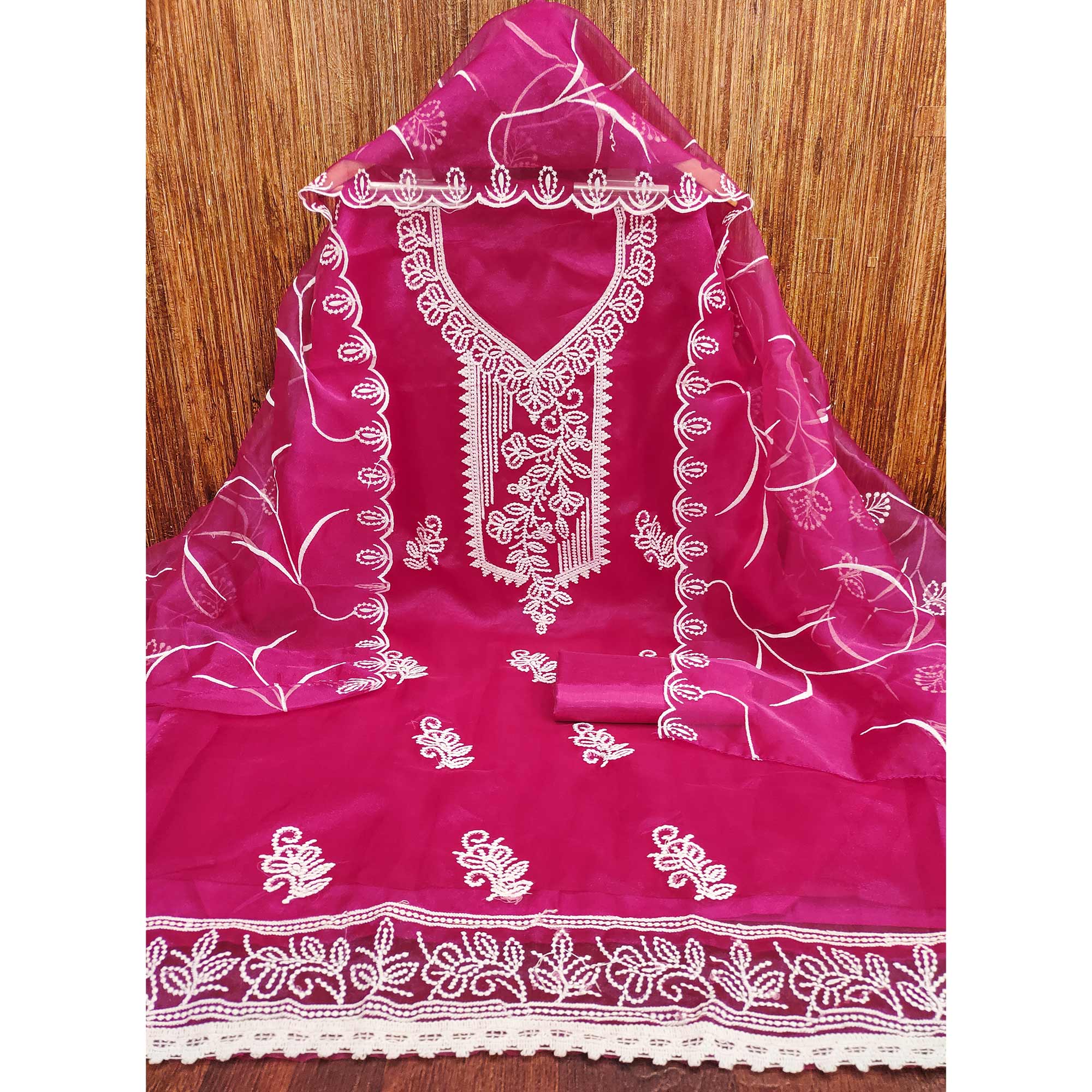 Pink Organza Dress Material With Alluring Thread Floral Embroidery