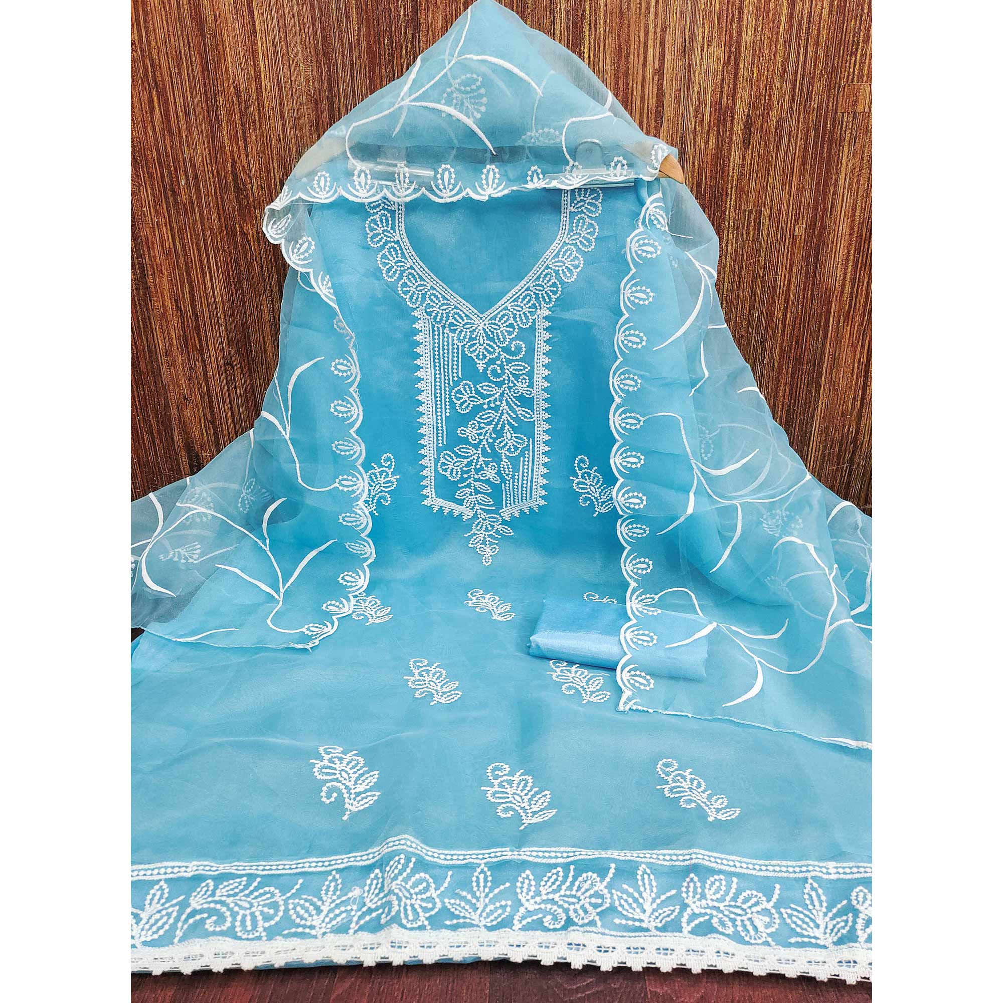 Sky Blue Organza Dress Material With Alluring Thread Floral Embroidery