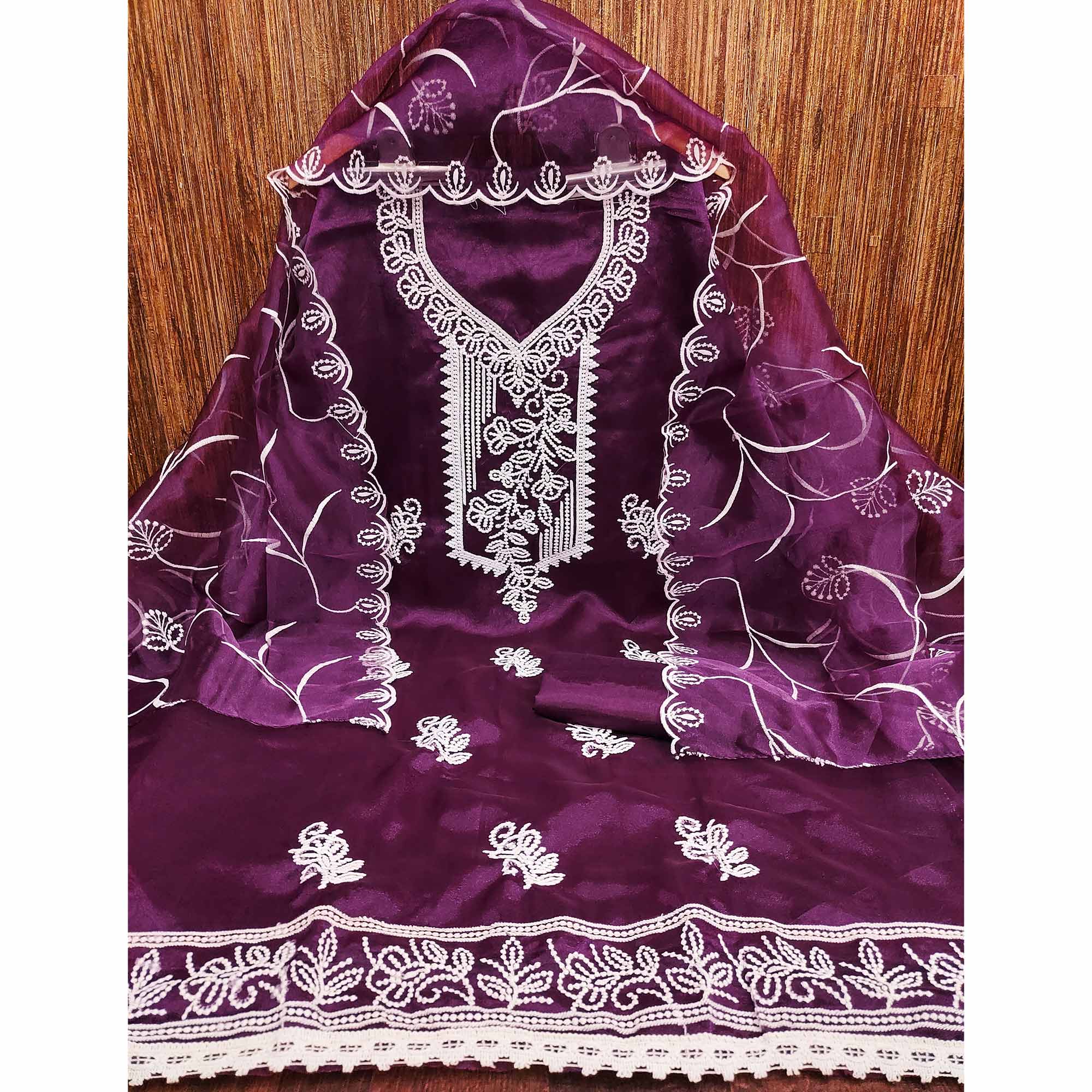 Wine Organza Dress Material With Alluring Thread Floral Embroidery