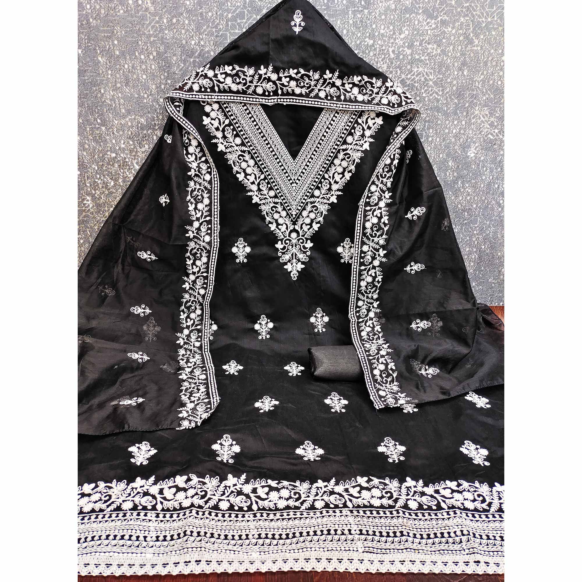 Traditional Black Chanderi Silk Suit Fabric with Embroidered Floral Patterns