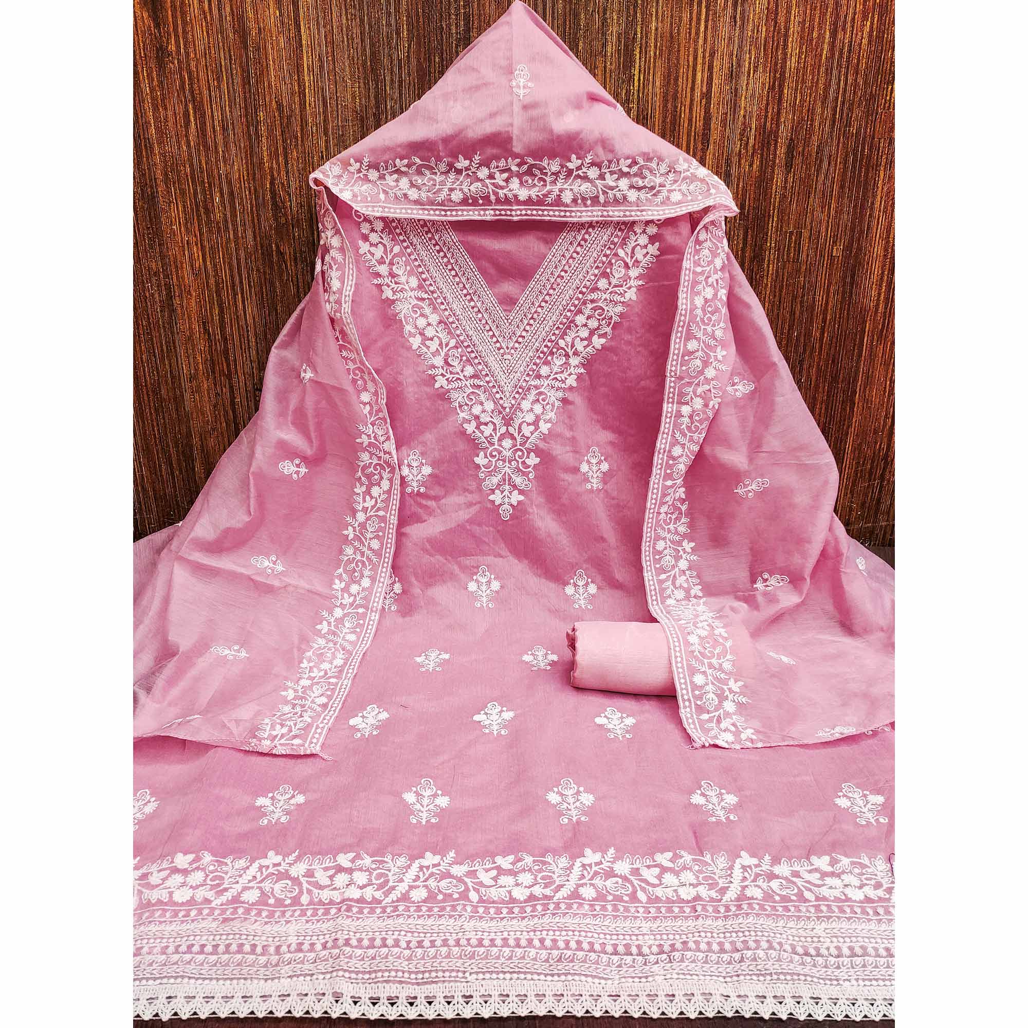 Traditional Pink Chanderi Silk Suit Fabric with Embroidered Floral Patterns