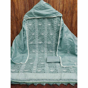 Sea Green Floral Embroidery Cotton Fabric for Ethnic Wear and Everyday Grace