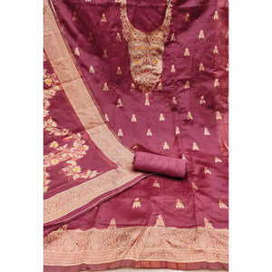 Wine Unstitched Dress Material in Sheer Chanderi Silk with Zari Work