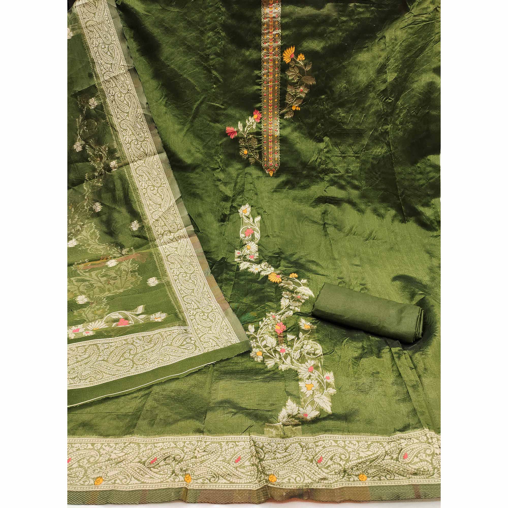 Green Chanderi Silk Dress Material Adorned With Elegant Floral Zari Weaving
