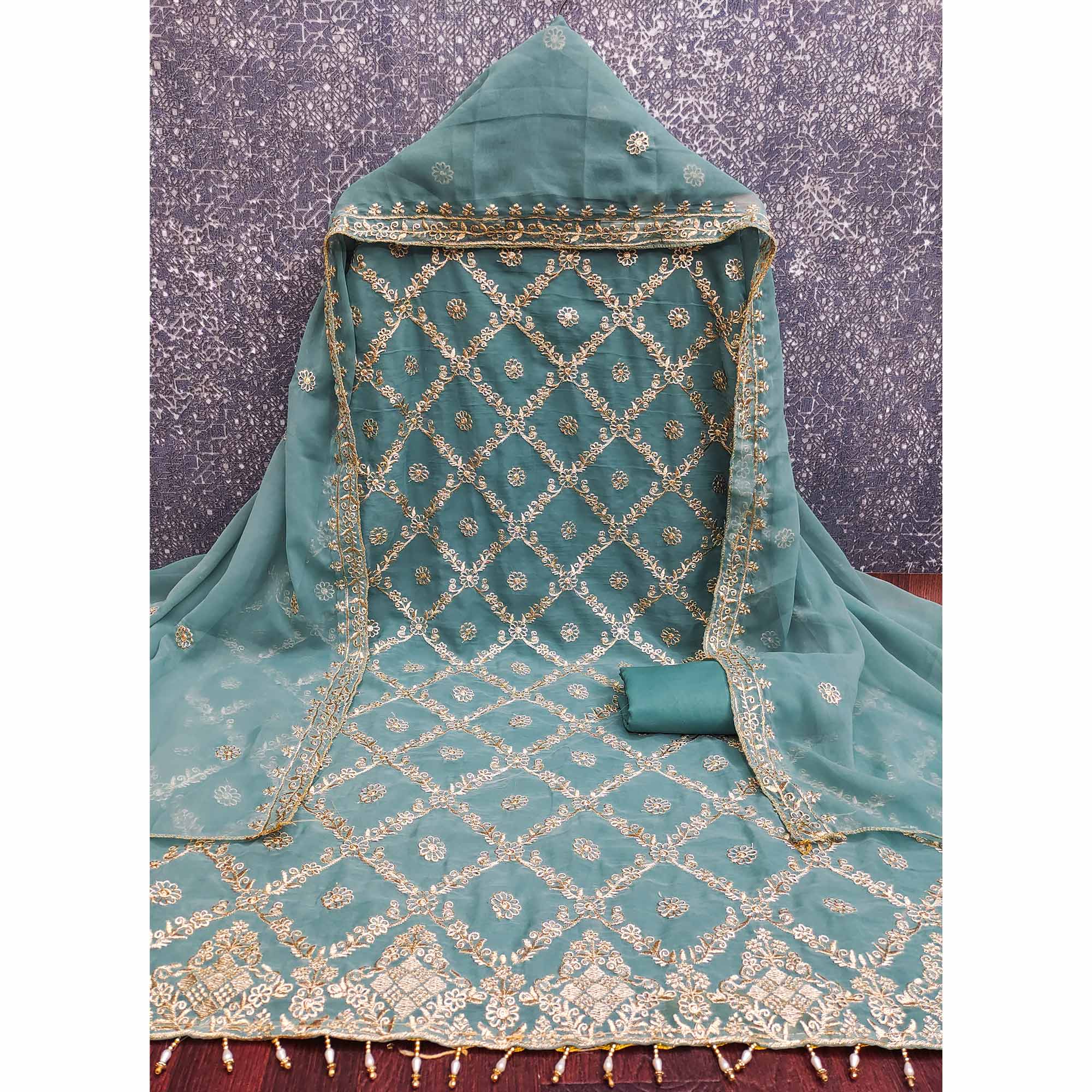 Dusty Turquoise Georgette Dress Material Adorned With Floral Zari Embroidery Work