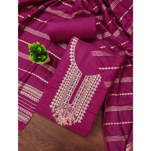 Dark Rani Pink Cotton Blend Dress Material Adorned With Floral Cording Embroidery & Sequins work