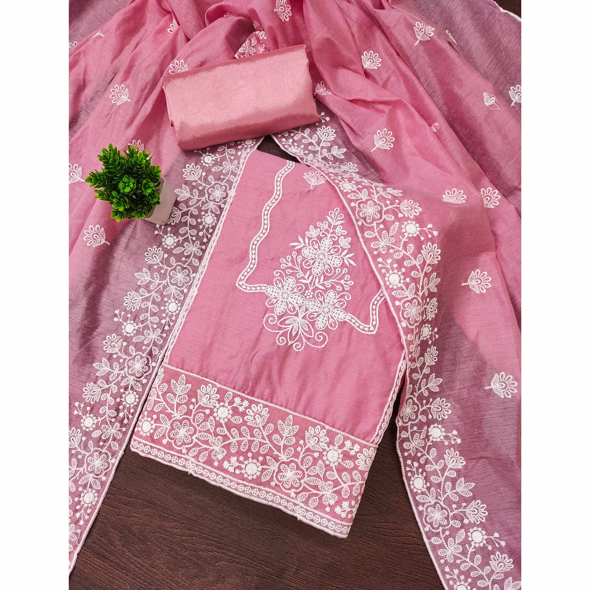 Pink Chanderi Silk Dress Material With Exquisite Floral Thread Embroidery