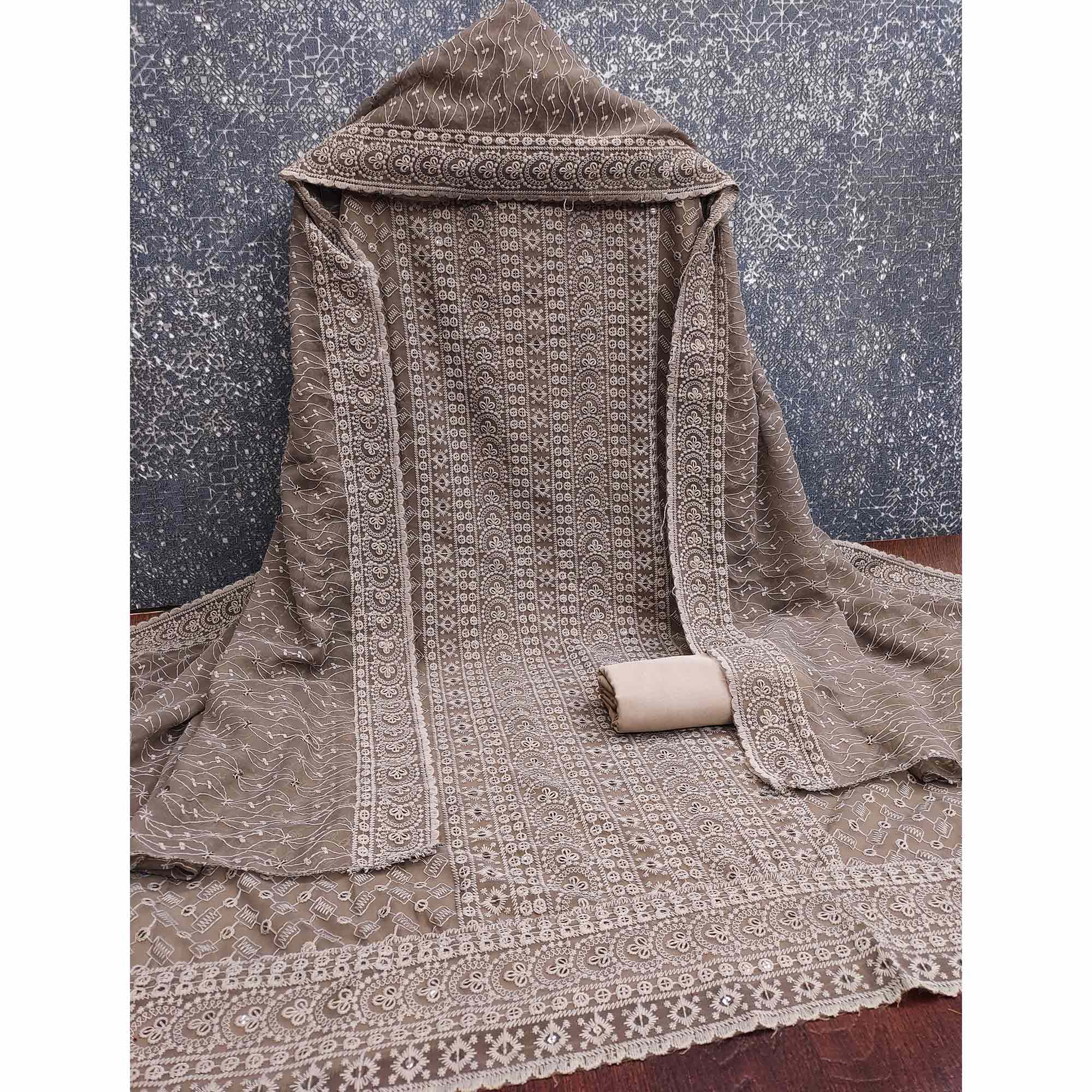 Brown Georgette Dress Material With Intricate Floral Thread & Sparkling Sequins Work