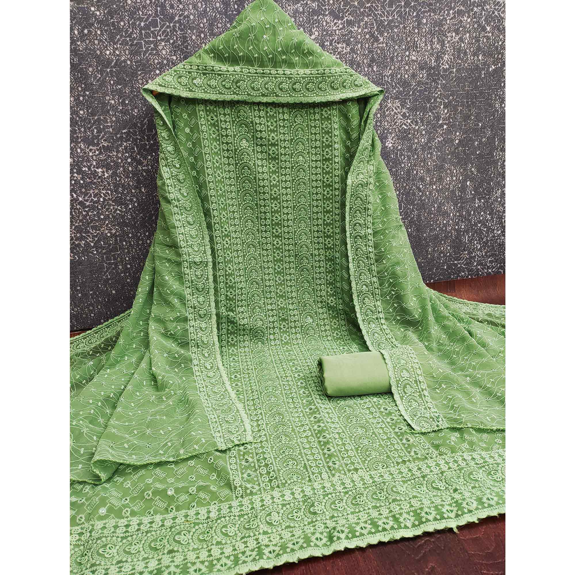 Pista Green Georgette Dress Material With Intricate Floral Thread & Sparkling Sequins Work