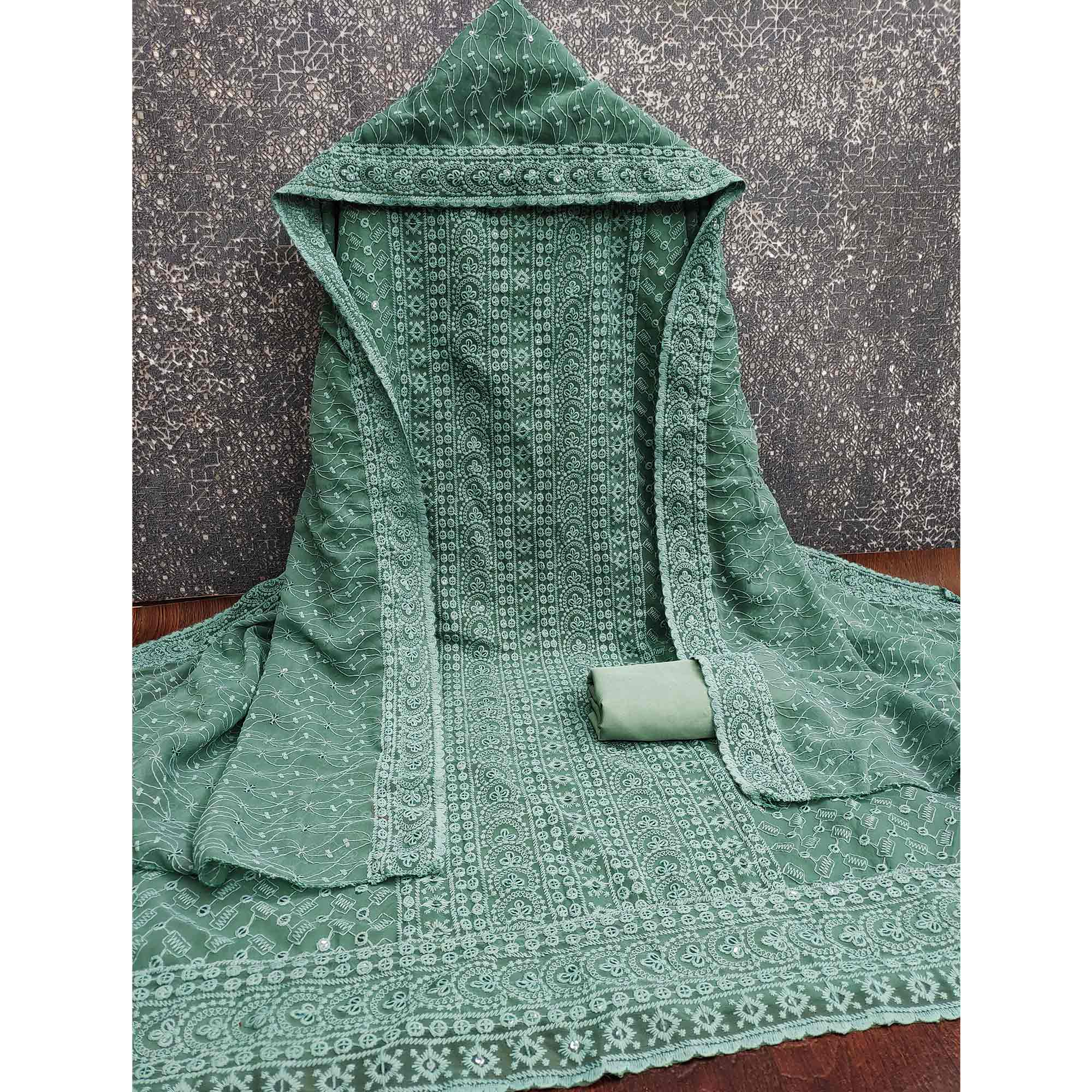 Sage Green Georgette Dress Material With Intricate Floral Thread & Sparkling Sequins Work