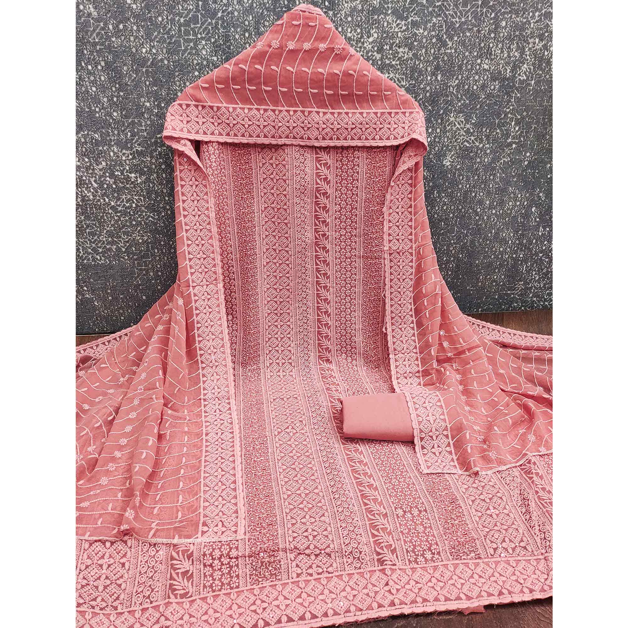 Coral Pink Floral Thread Embroidery With Sequins Highlighted Georgette Dress Material