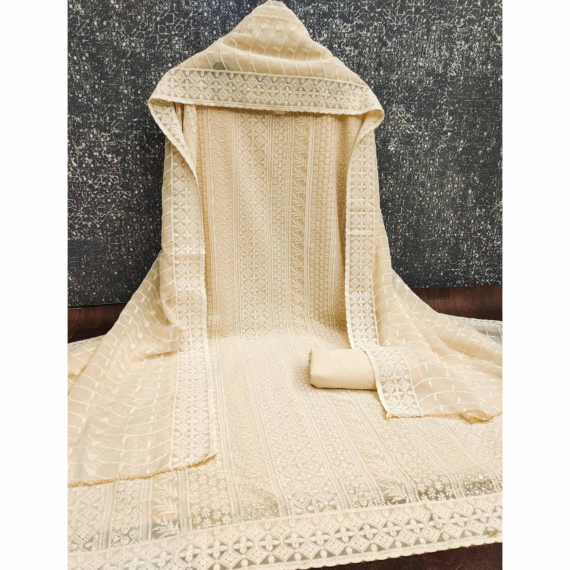 Cream Floral Thread Embroidery With Sequins Highlighted Georgette Dress Material