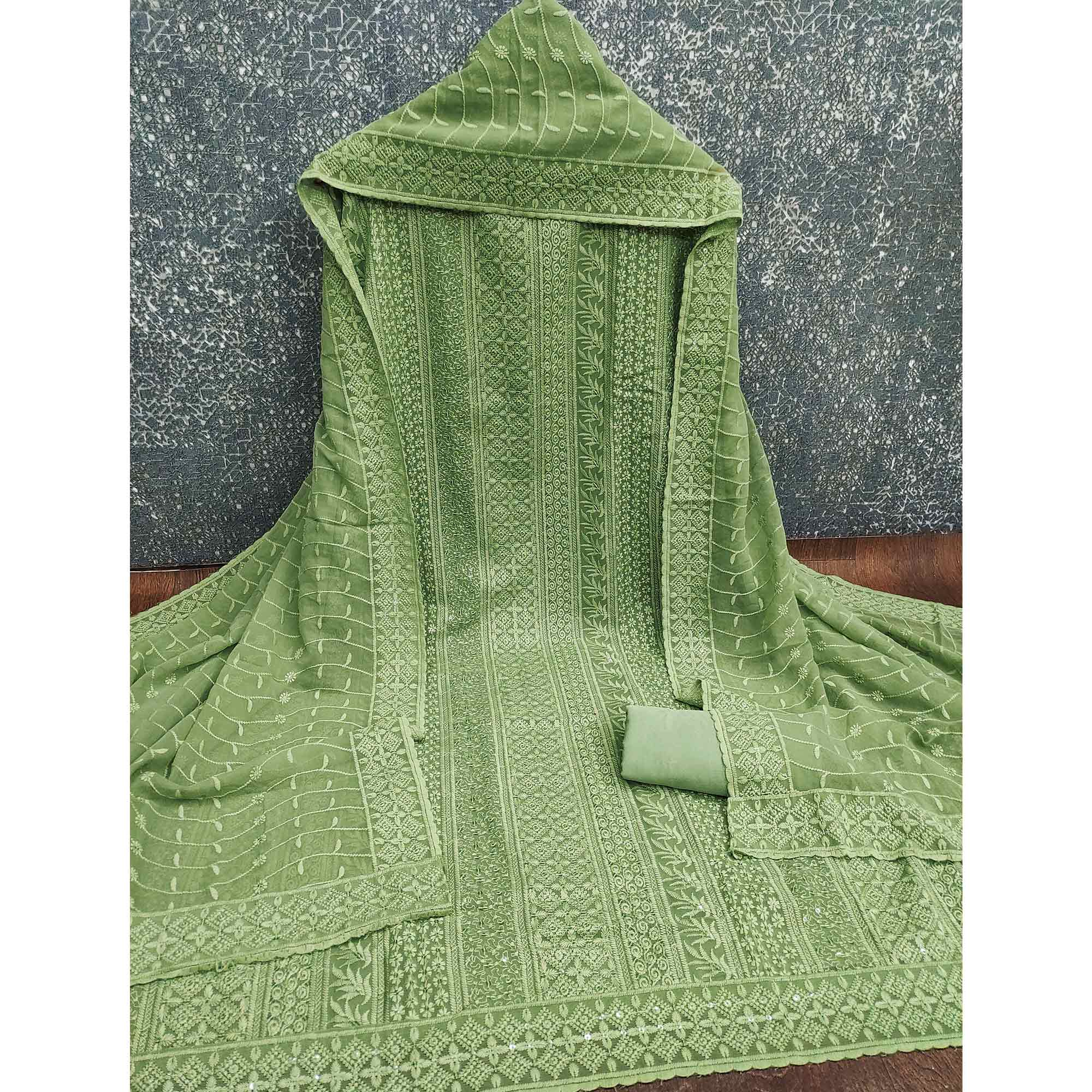 Green Floral Thread Embroidery With Sequins Highlighted Georgette Dress Material