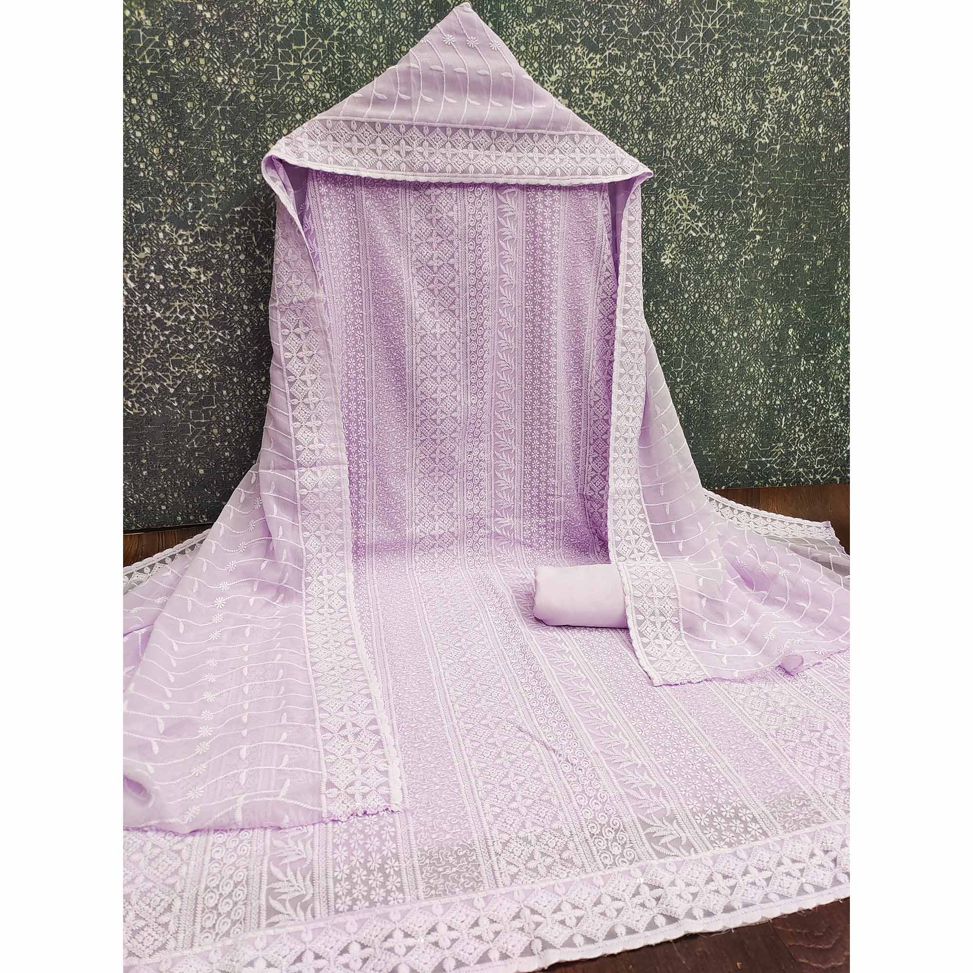 Lavender Floral Thread Embroidery With Sequins Highlighted Georgette Dress Material