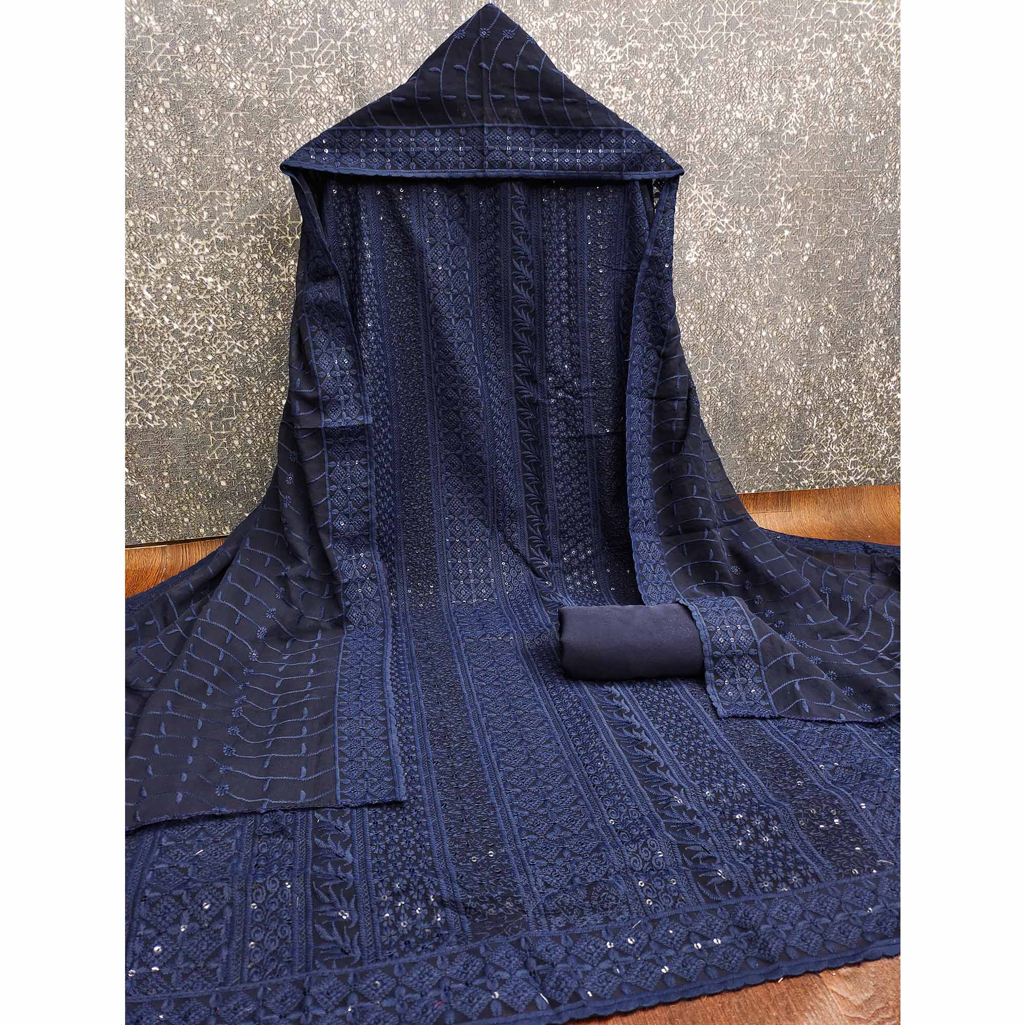 Navy Blue Floral Thread Embroidery With Sequins Highlighted Georgette Dress Material