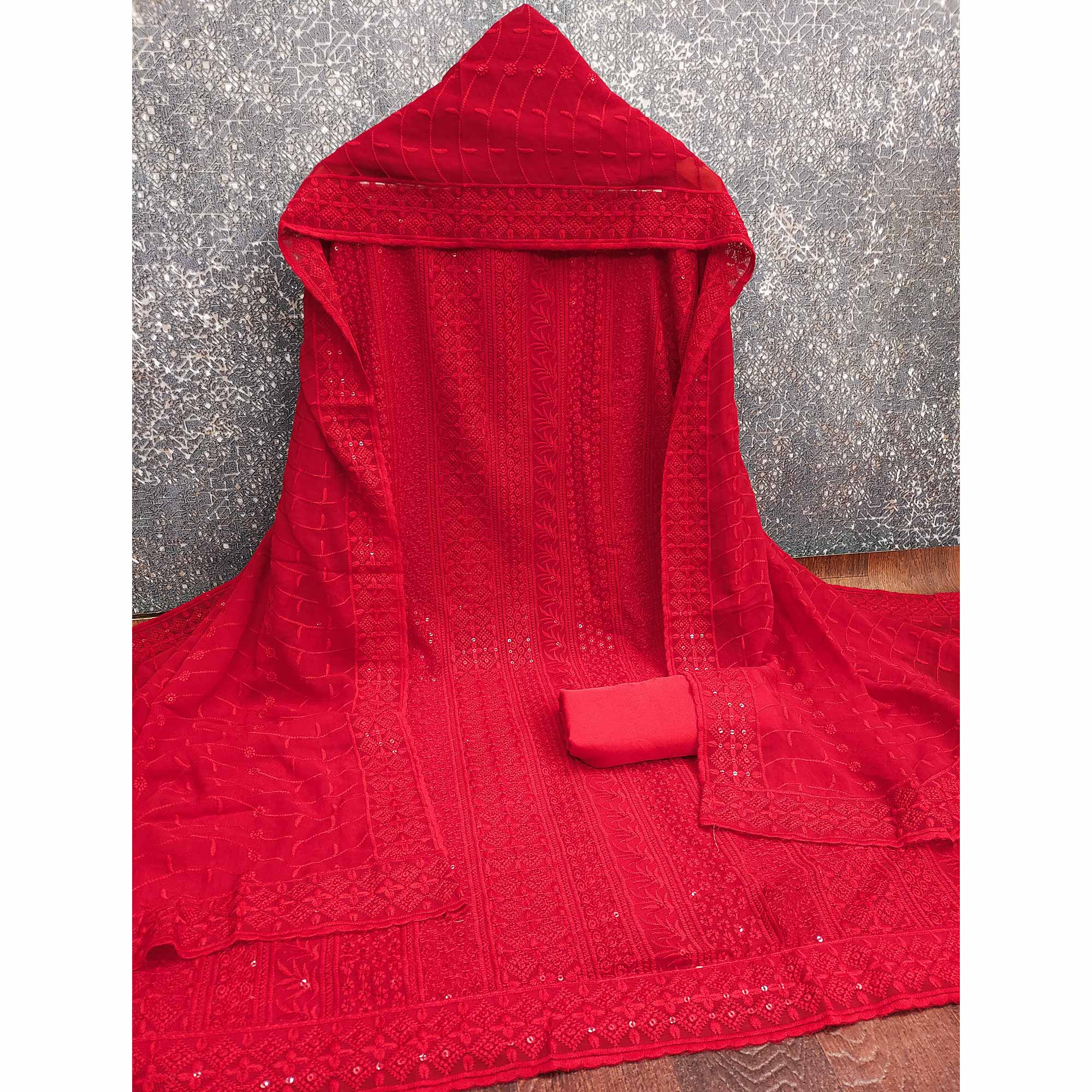 Red Floral Thread Embroidery With Sequins Highlighted Georgette Dress Material