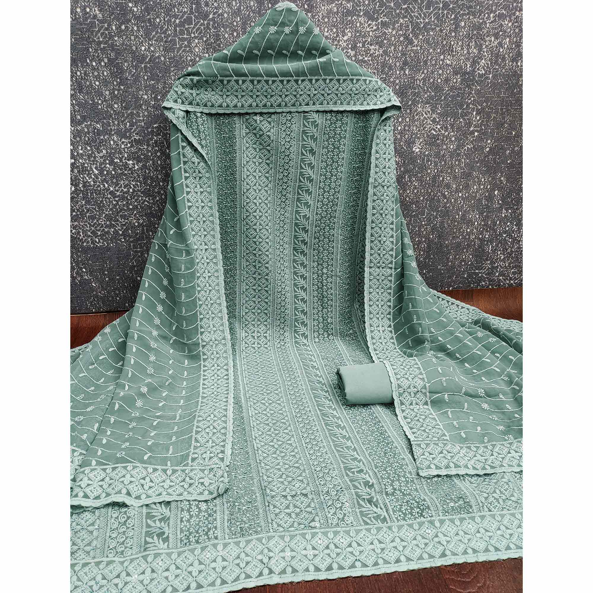 Sage Green Floral Thread Embroidery With Sequins Highlighted Georgette Dress Material