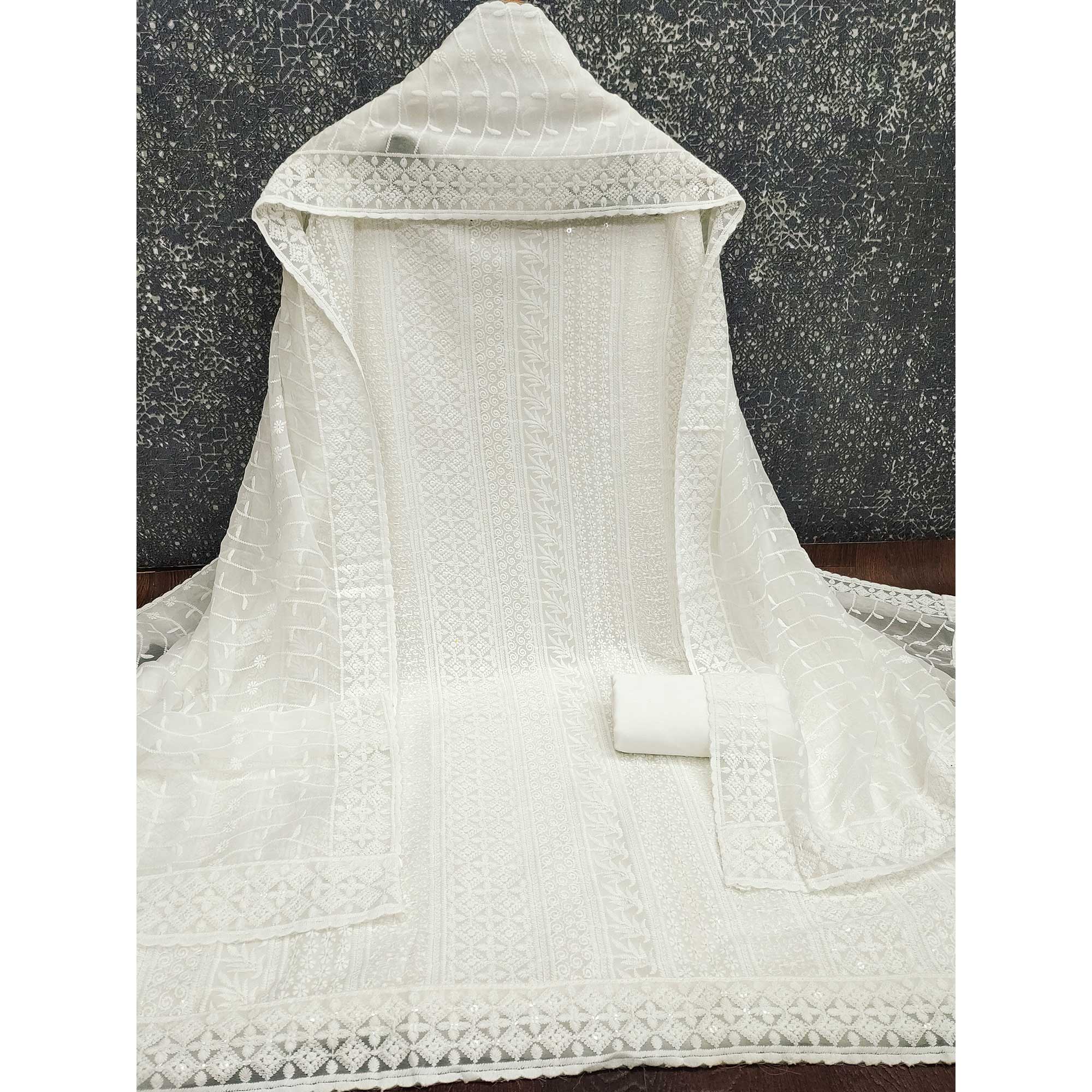 White Floral Thread Embroidery With Sequins Highlighted Georgette Dress Material