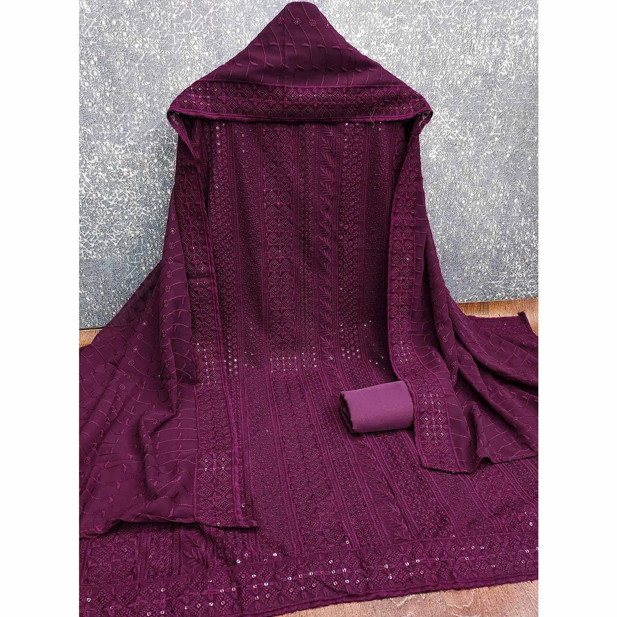 Wine Floral Thread Embroidery With Sequins Highlighted Georgette Dress Material