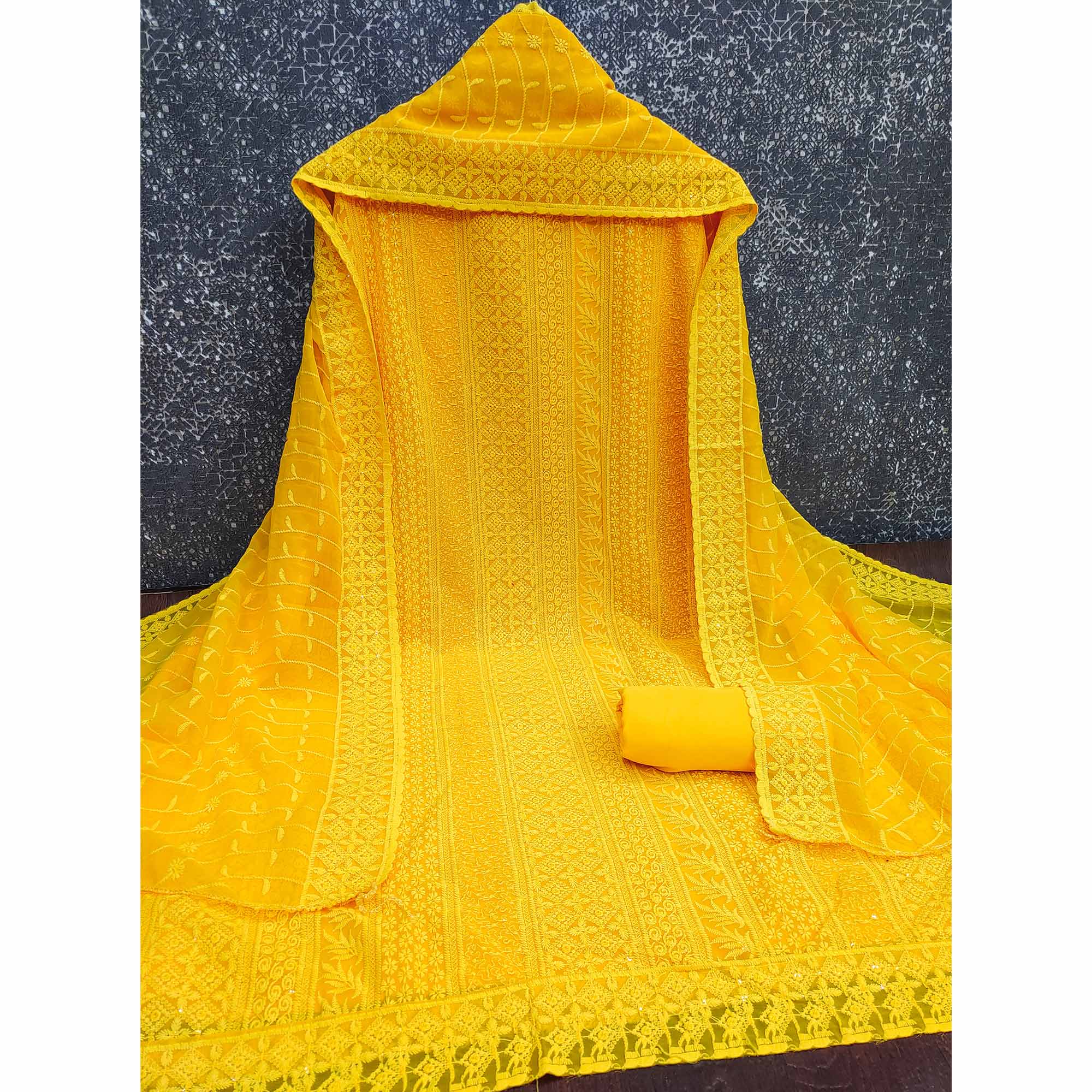 Yellow Floral Thread Embroidery With Sequins Highlighted Georgette Dress Material