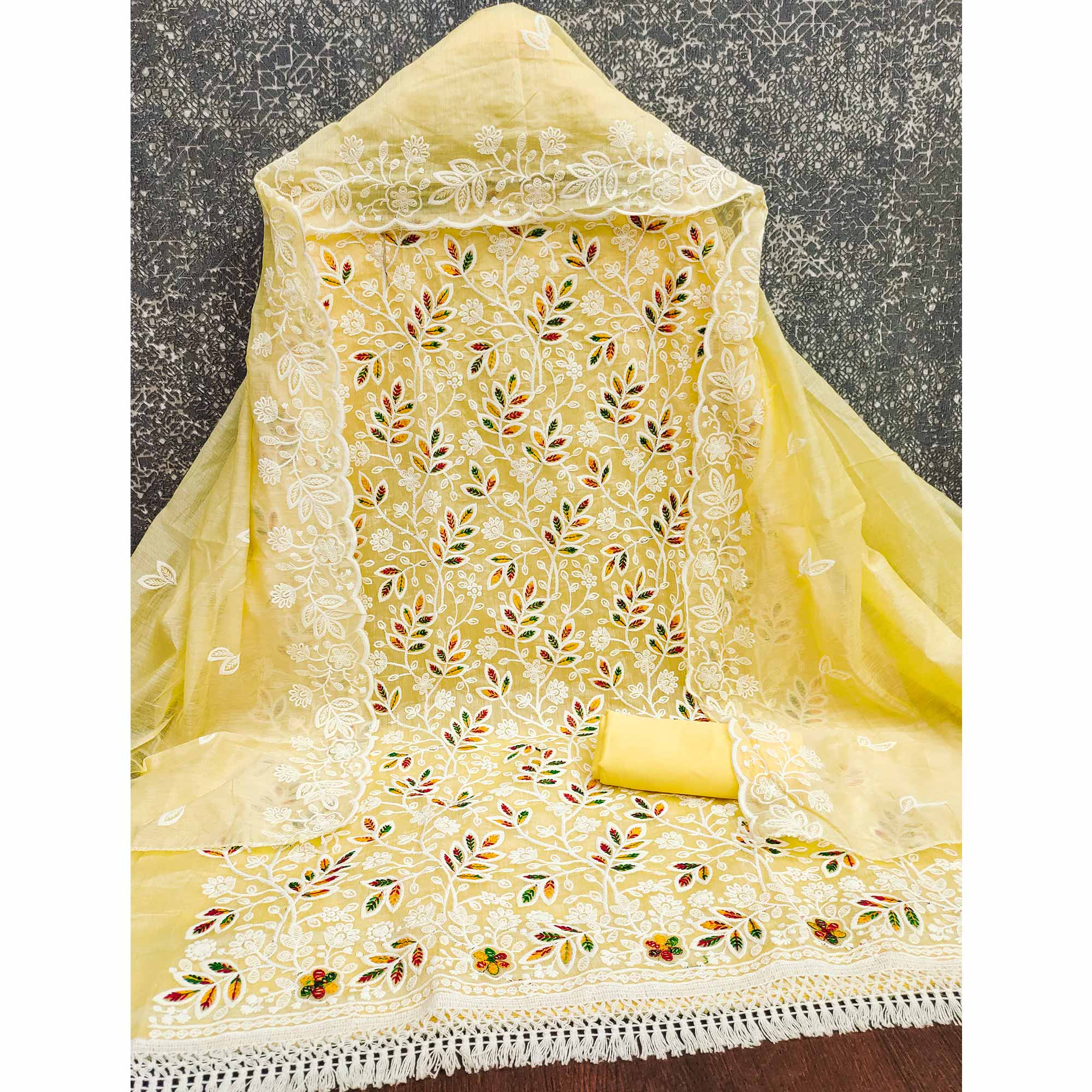 Yellow Chanderi Silk Dress Material With Exquisite Floral Thread Embroidery