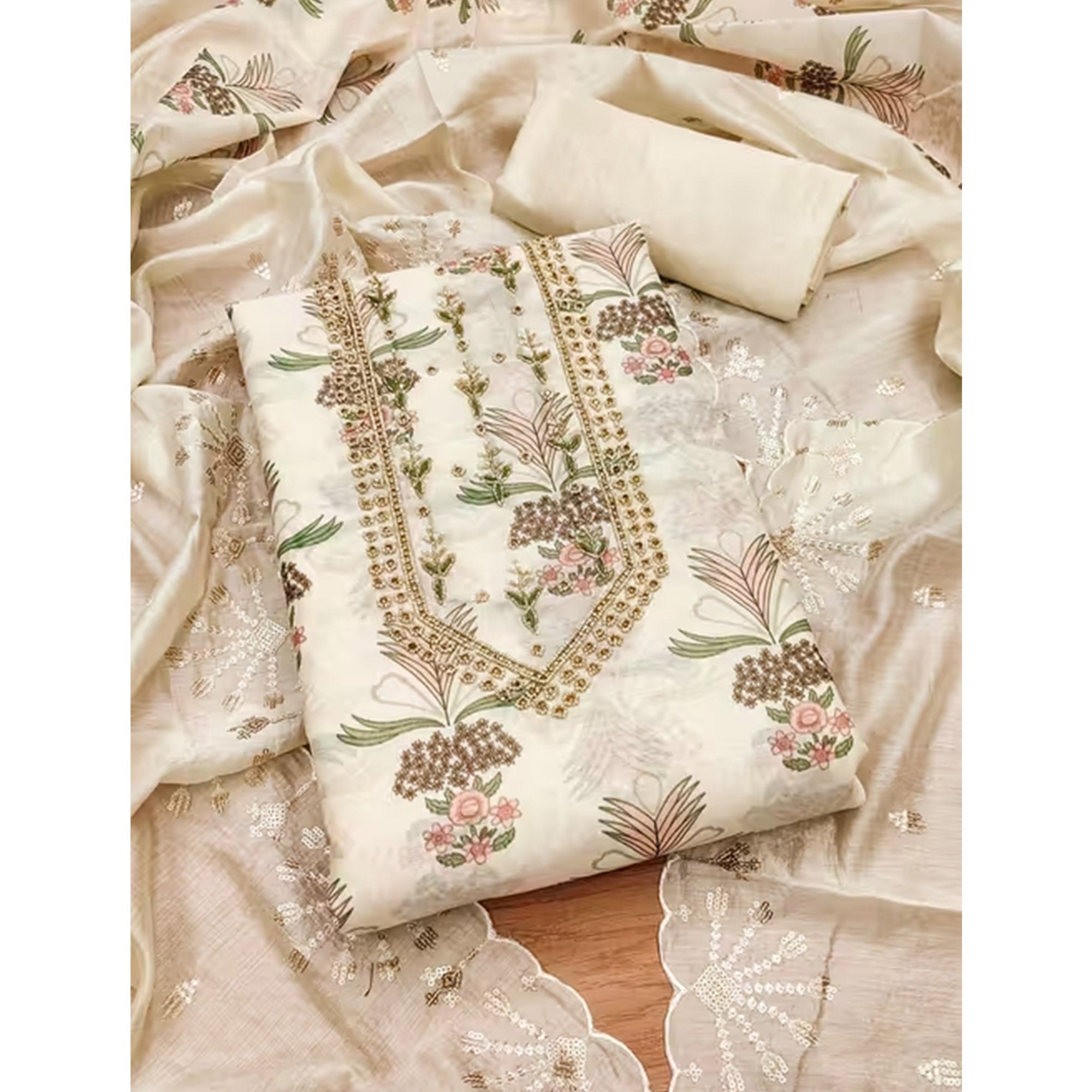 Cream Modal Chanderi Silk Unstitched Suit Material Showcasing Jaipuri Inspired Floral Designs