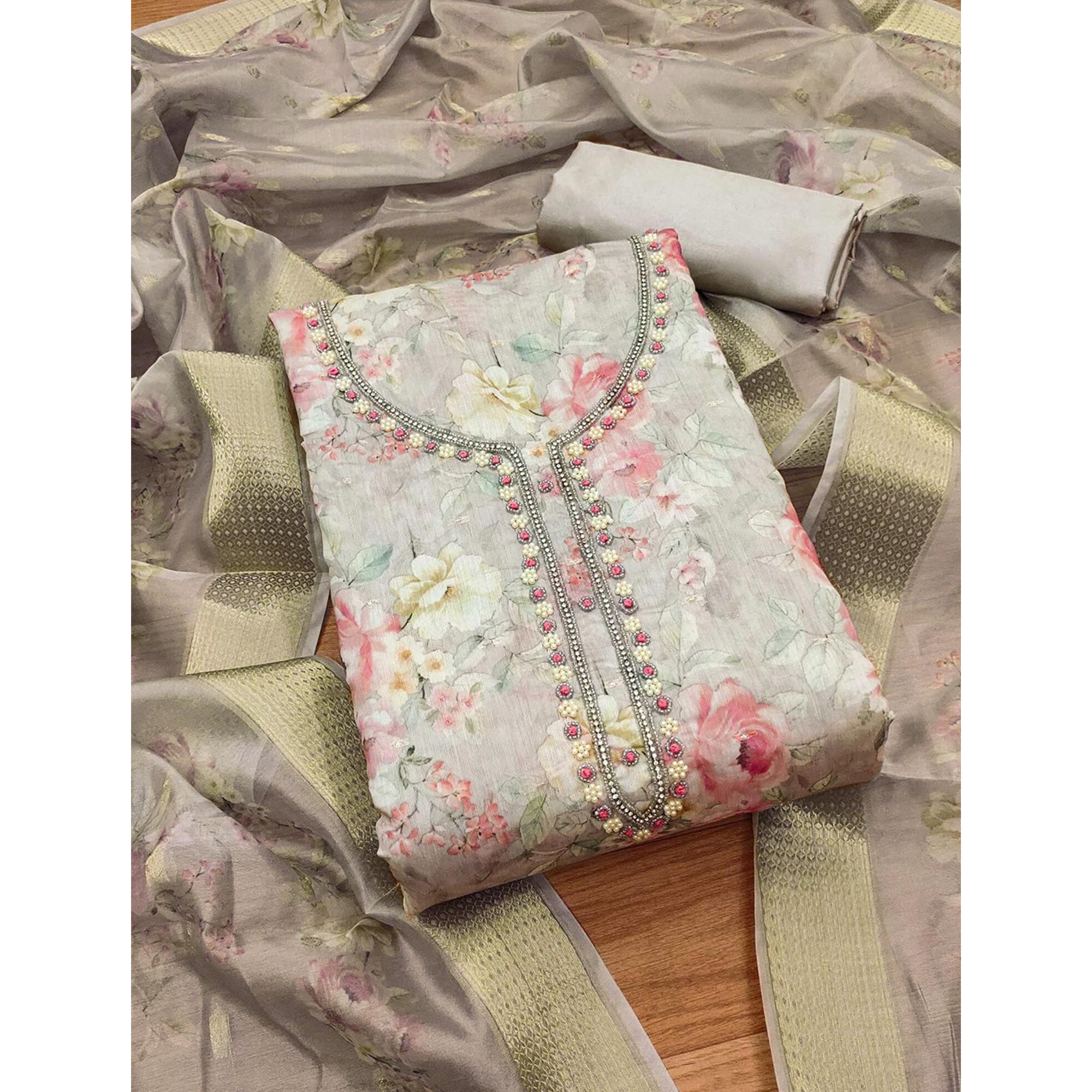 Grey Chanderi Silk Dress Material Showcasing Floral Prints with Subtle Beads Detailing