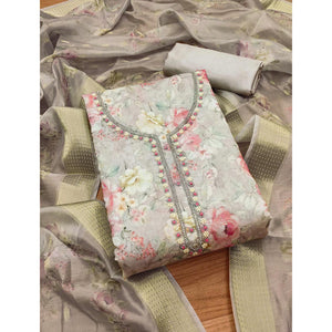 Grey Chanderi Silk Dress Material Showcasing Floral Prints with Subtle Beads Detailing