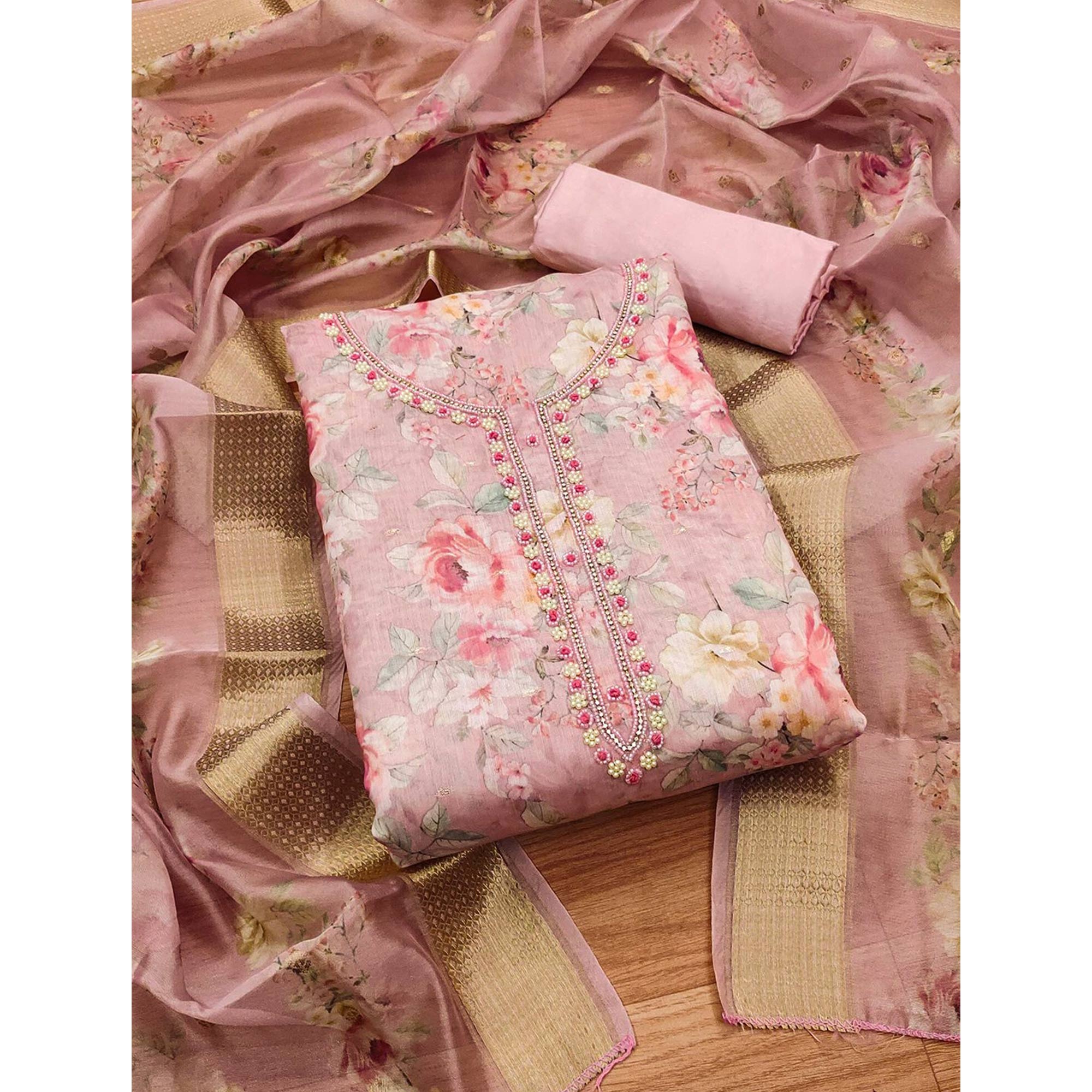 Pink Chanderi Silk Dress Material Showcasing Floral Prints with Subtle Beads Detailing