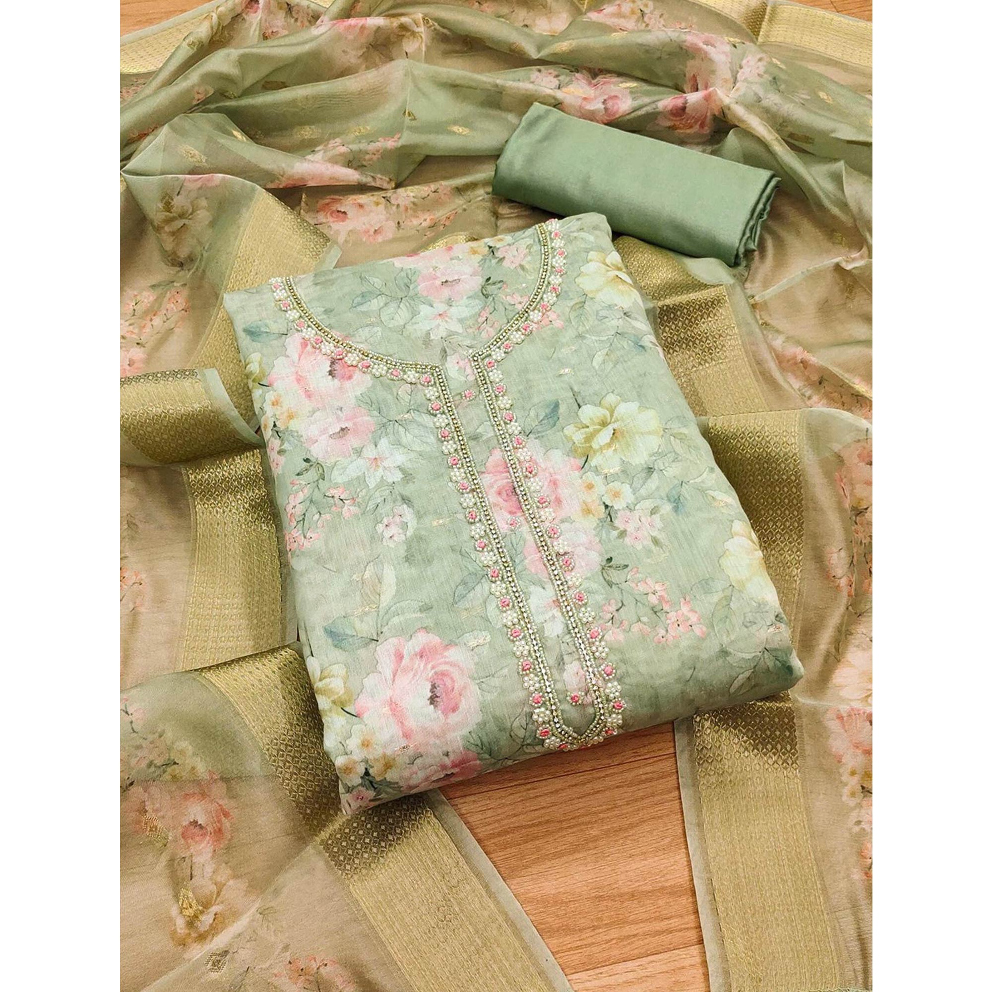 Pista Green Chanderi Silk Dress Material Showcasing Floral Prints with Subtle Beads Detailing