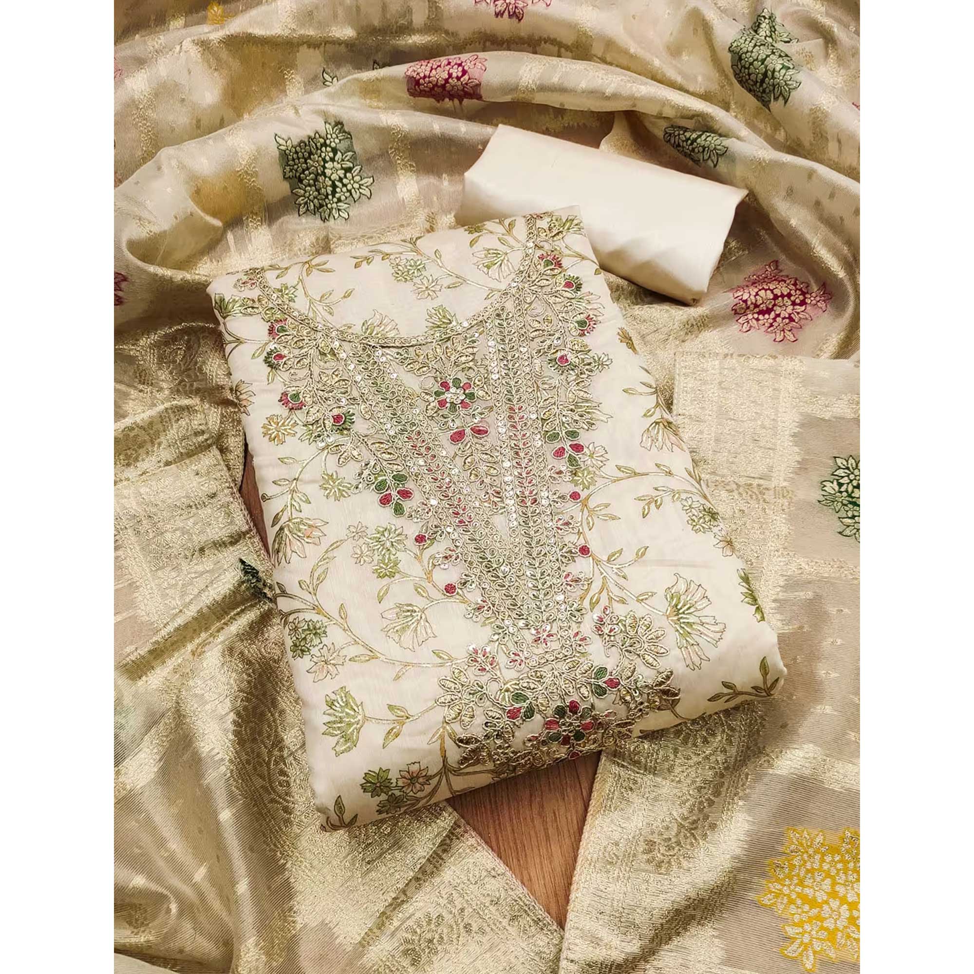 Cream & Green Floral Printed Chanderi Silk Dress Material Adorned with Fine Embroidered Work